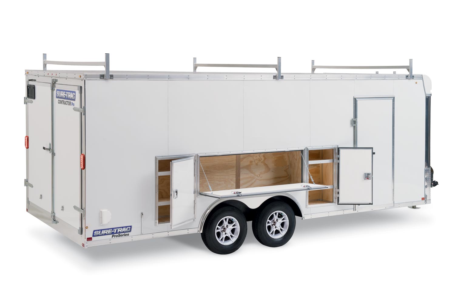 Contractor Pro Bullnose Cargo passenger side view with doors and cabinets open.