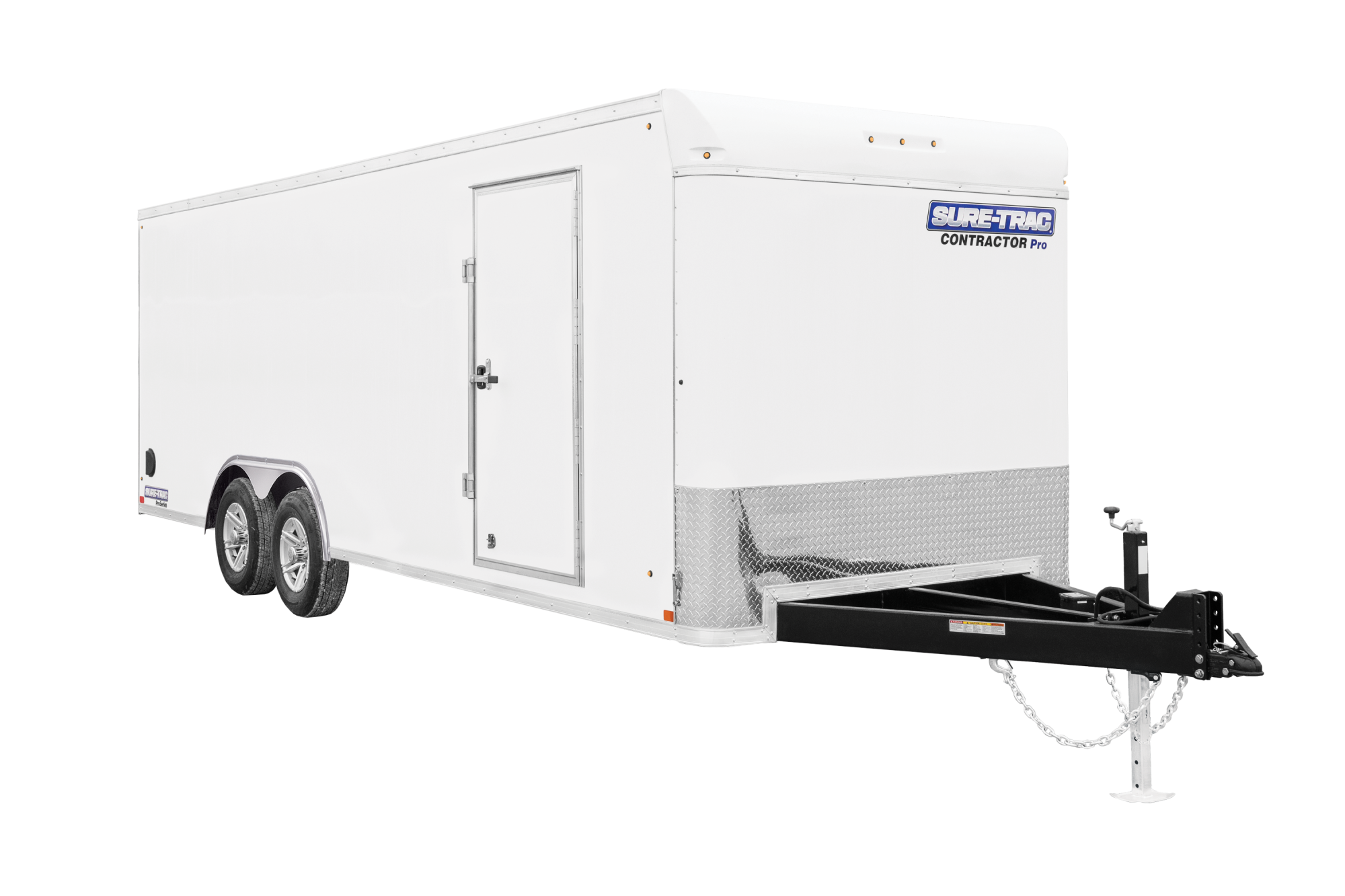 Sure-Trac | Contractor Pro Bullnose Enclosed Cargo Trailers | Image | Front view, tilted, white Contractor Pro Bullnose Enclosed Cargo Trailers