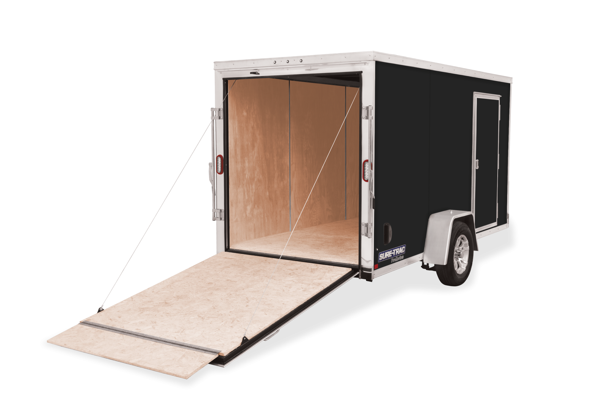 Sure-Trac | 5' & 6' Wide Pro Series Wedge Front Enclosed Trailer | Image | Rear view, tilted, Black Single Axle Pro Series Wedge Front Enclosed Trailer, rear down
