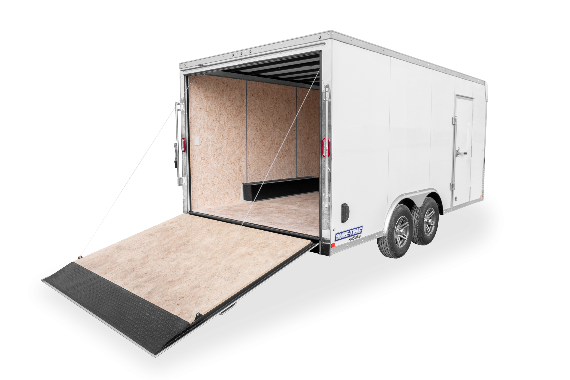Sure-Trac | Contractor Pro Bullnose Enclosed Cargo Trailer | Image | Back side, tilted, white, Contractor Pro Bullnose Enclosed Cargo trailer, open