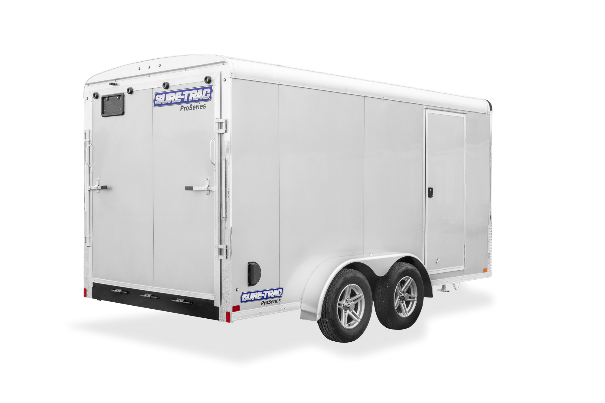 Sure-Trac | Contractor Pro Bullnose Enclosed Cargo Trailer | Image | Back side, tilted, gray, Contractor Pro Bullnose Enclosed Cargo trailer, closed