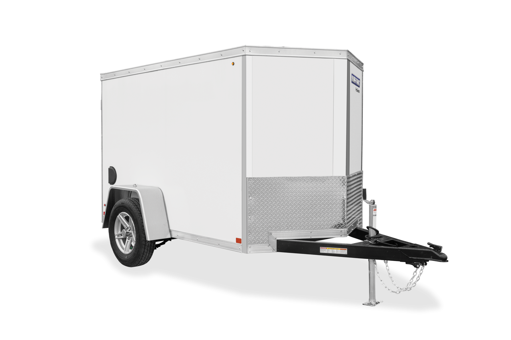 Front view of a white single axle pro series wedge cargo enclosed trailer