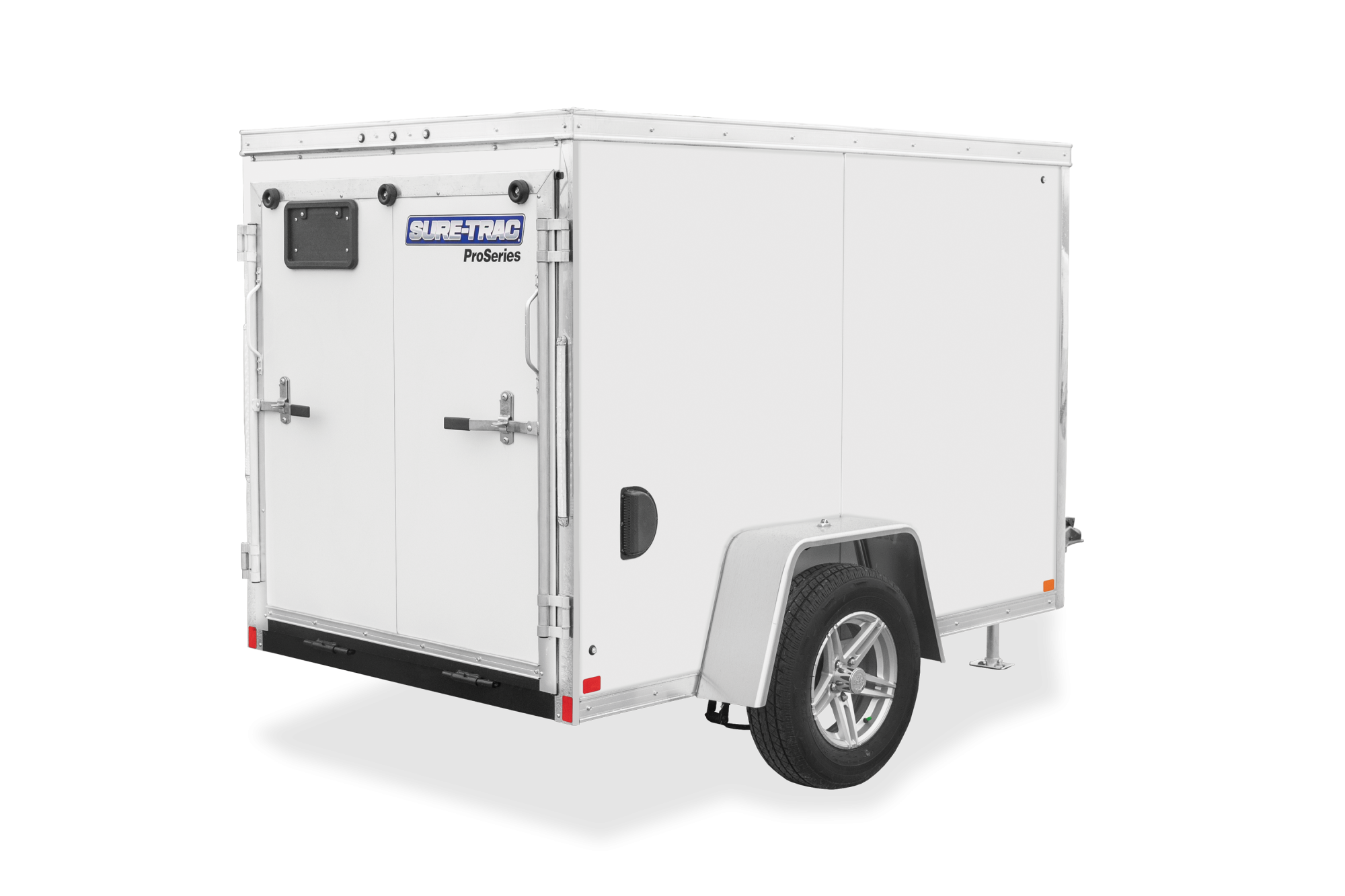 Rear view of a white single axle tandem axle pro series wedge cargo enclosed trailer