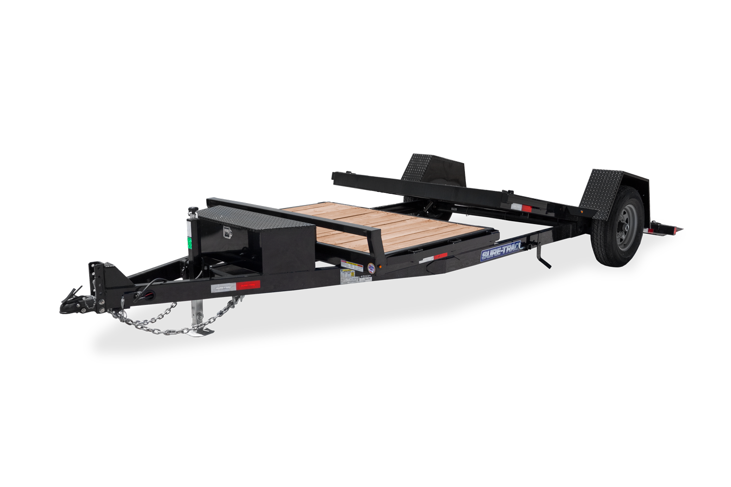 Front View of the Single Axle Tilt Bed Equipment with a 4 foot stationary deck tilted