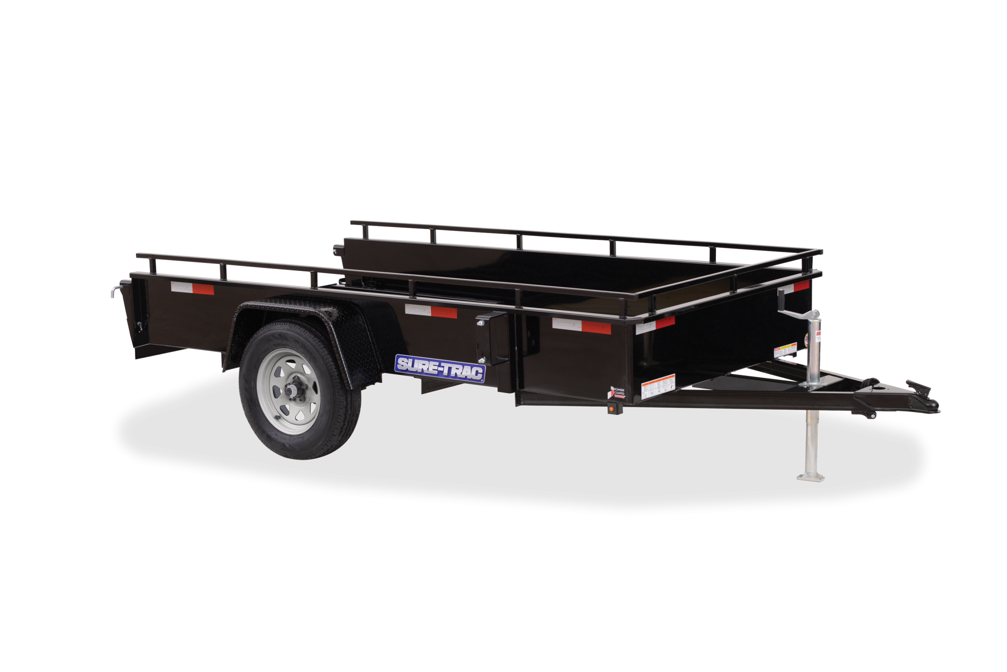 Sure-Trac | Steel High Side Utility | Image | Front view, tilted, Single Axle Steel High Side Utility with reflective tape
