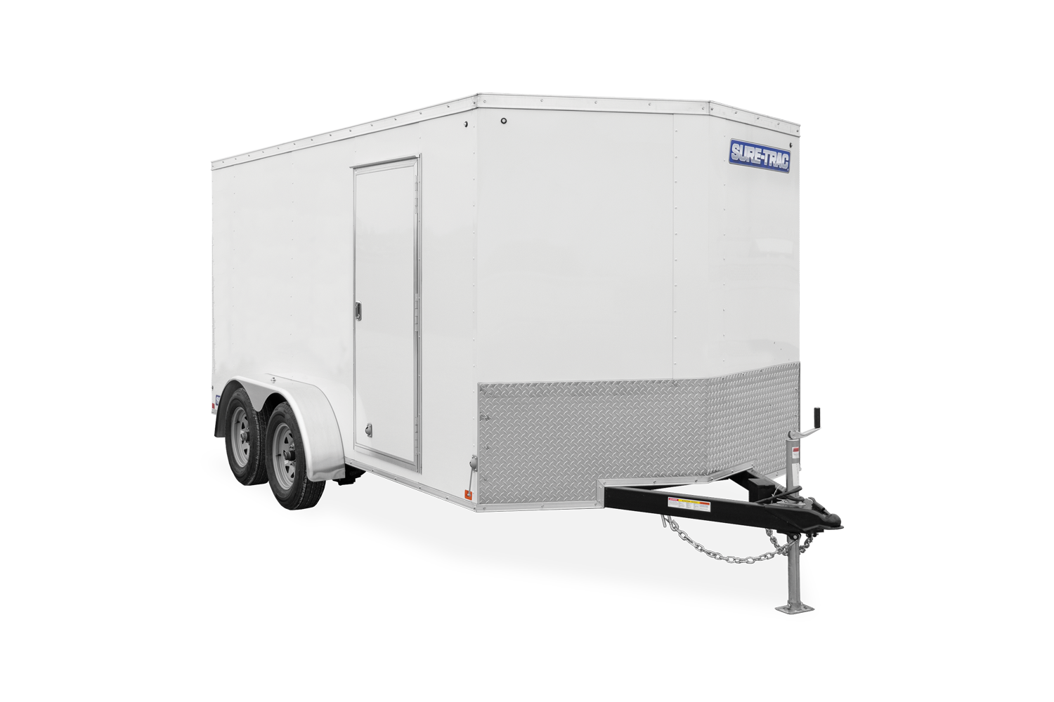 Front view of a white Tandem Axle Pro Series Wedge Front Cargo Enclosed Trailer