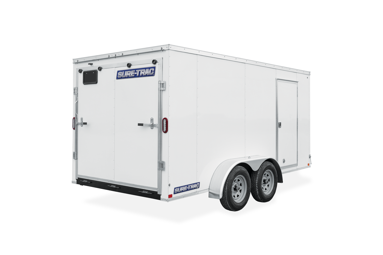 Rear view of a white Tandem Axle Pro Series Wedge Front Cargo Enclosed Trailer
