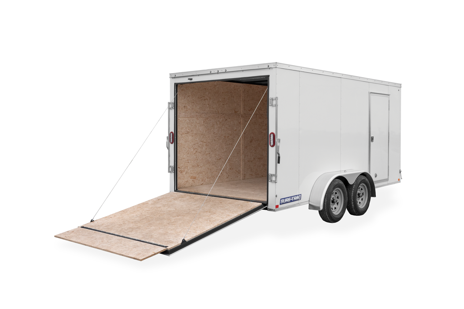 Rear view of a white Tandem Axle Pro Series Wedge Front Cargo Enclosed Trailer with ramp down