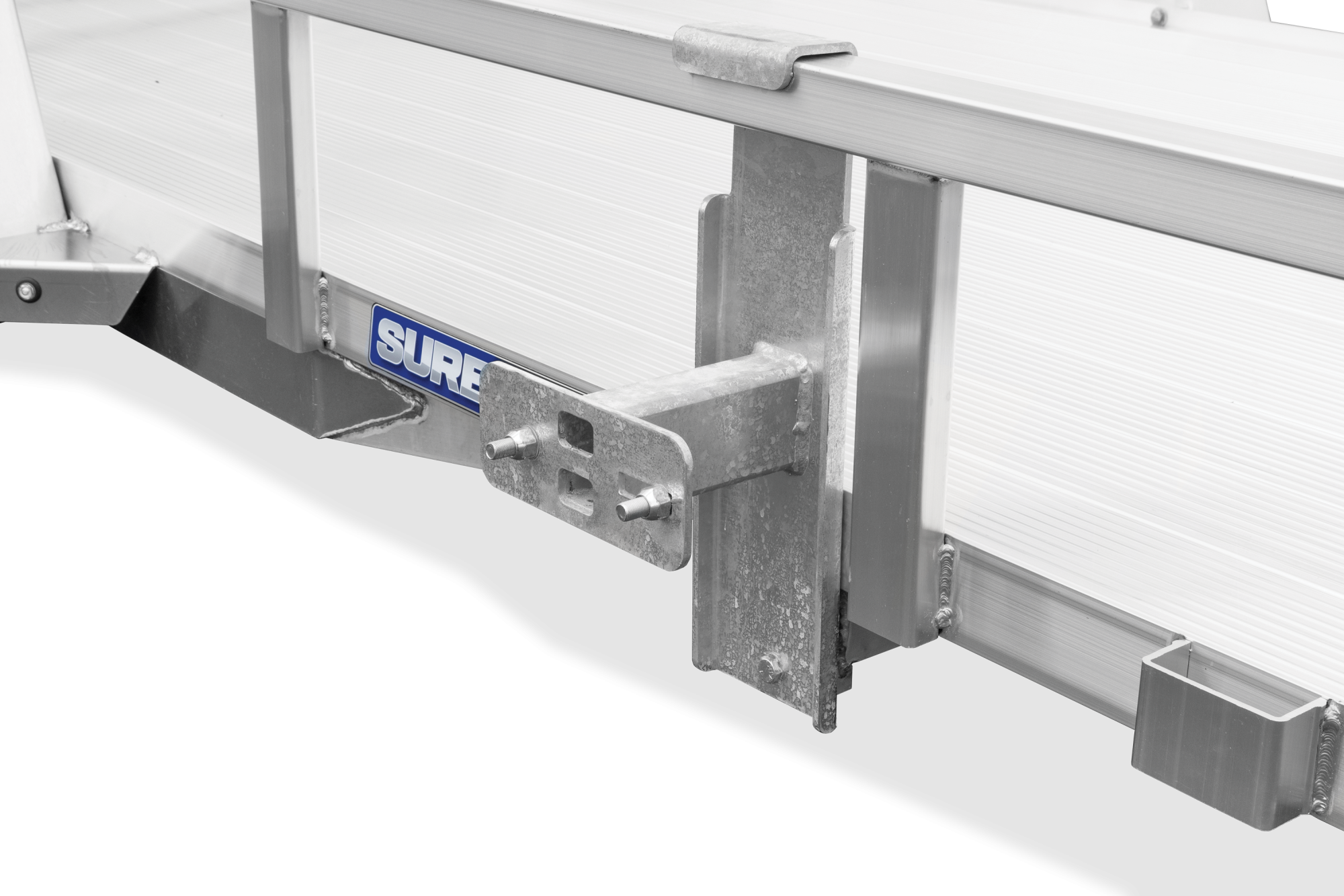 Sure-Trac | Aluminum Tube Top Utility | Image | Side view, tilted, Single Axle Aluminum Tube Top Utility, close-up of Spare Tire Carrier