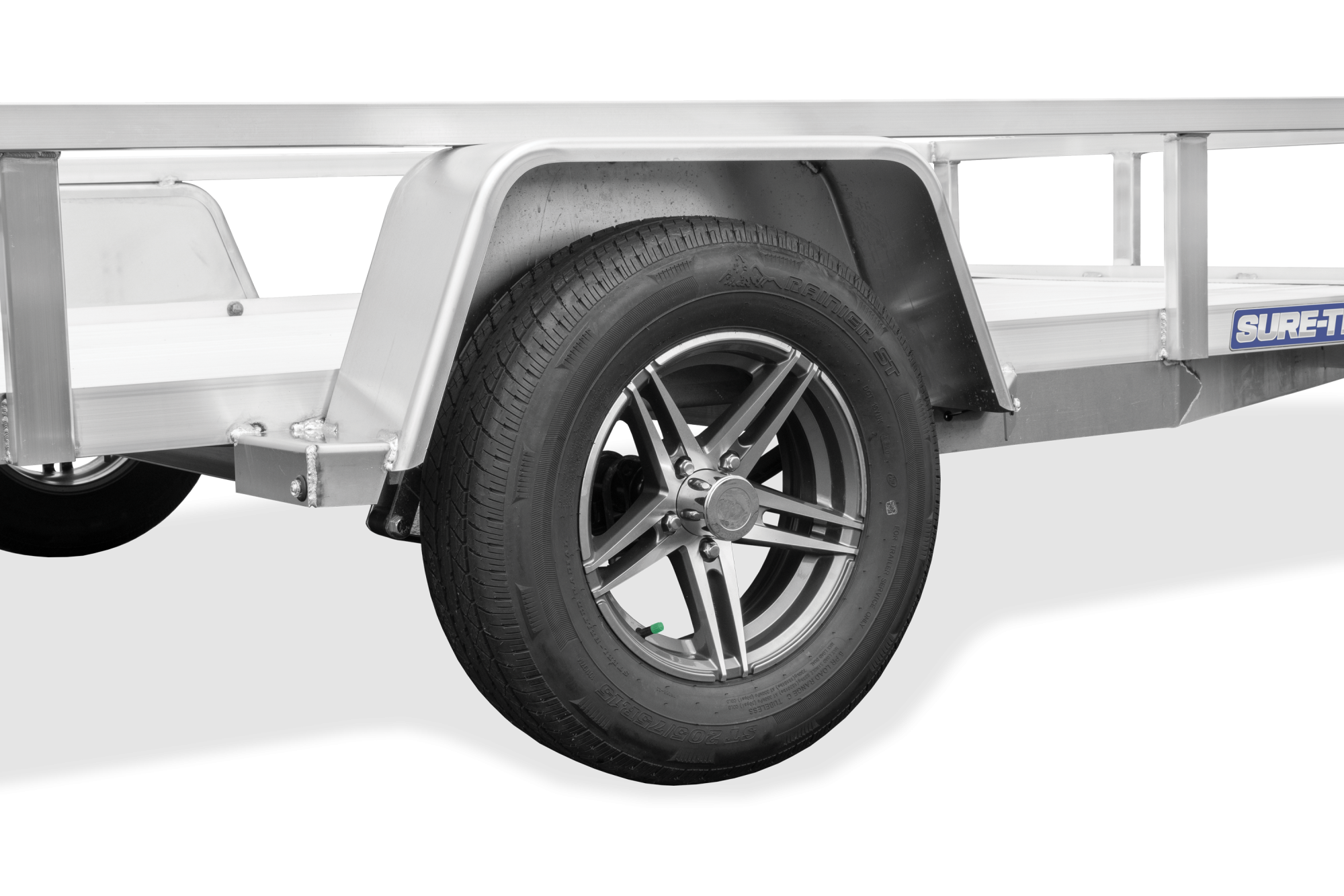 Sure-Trac | Aluminum Tube Top Utility | Image | Side view, tilted, Single Axle Aluminum Tube Top Utility, close-up of Tires
