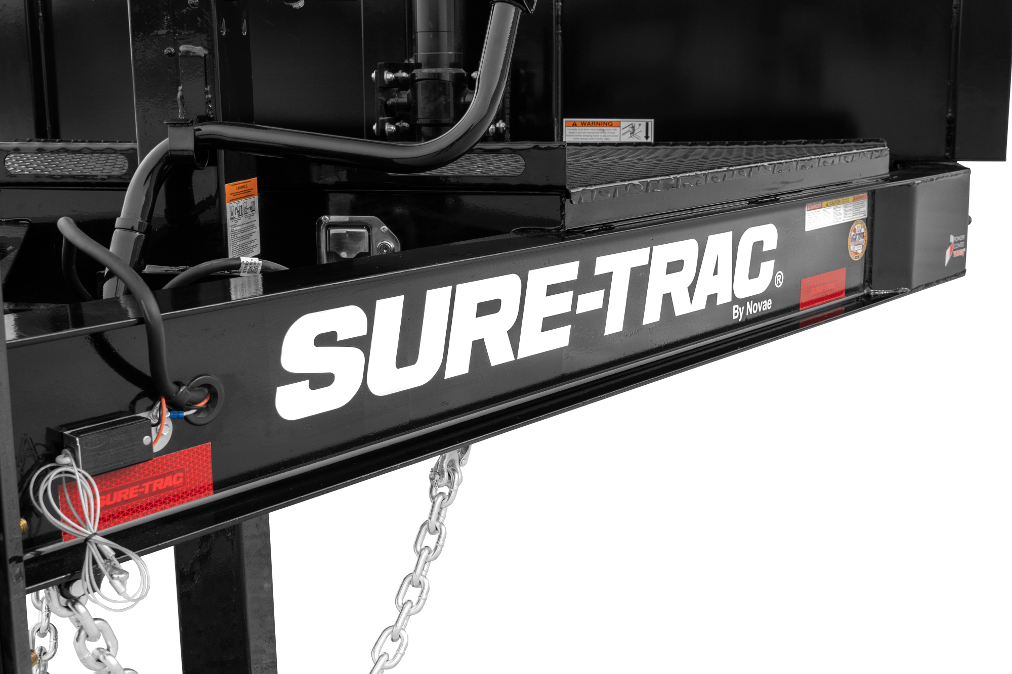 Sure-Trac | Pro Series Telescopic Dump | Image | Pro Series Telescopic Dump with reflective tape, close-up of I Beam and Tongue