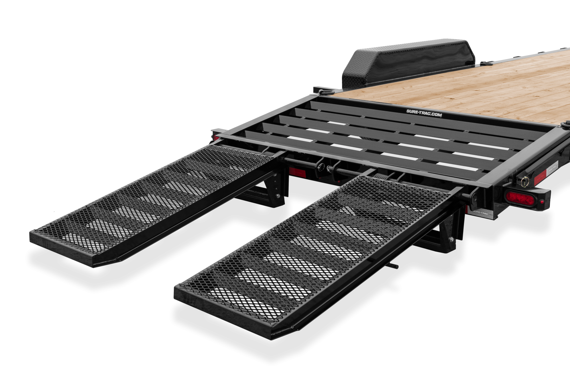 Sure-Trac | Pro Series Equipment | Image | Back view, tilted, Pro Series Equipment with reflective tape, close-up of ramps