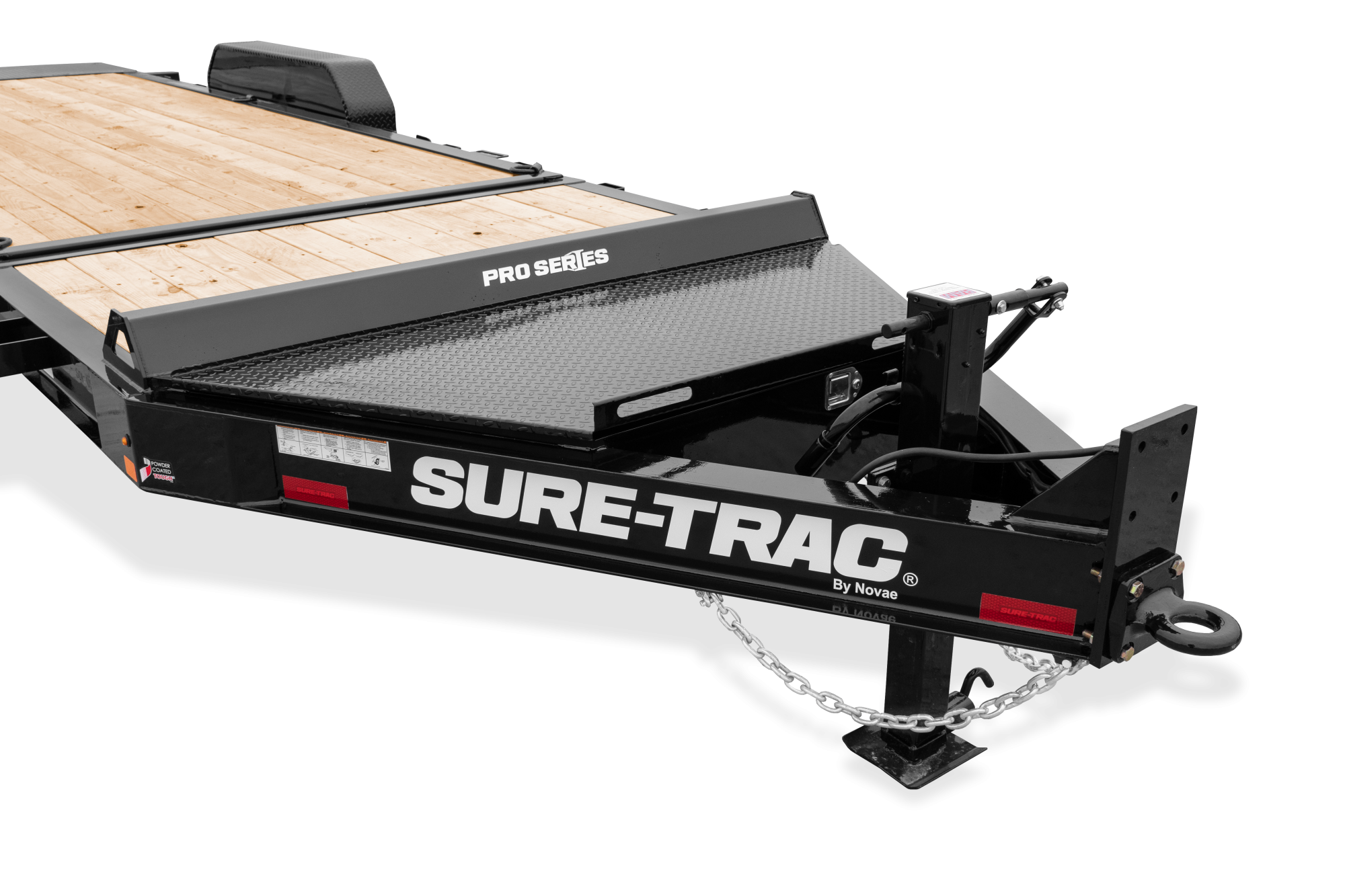 Sure-Trac | Pro Series Tilt Bed Trailer | Image | Front side, tilted, Pro Series Tilt Bed Trailer with reflective tape, close-up of tongue