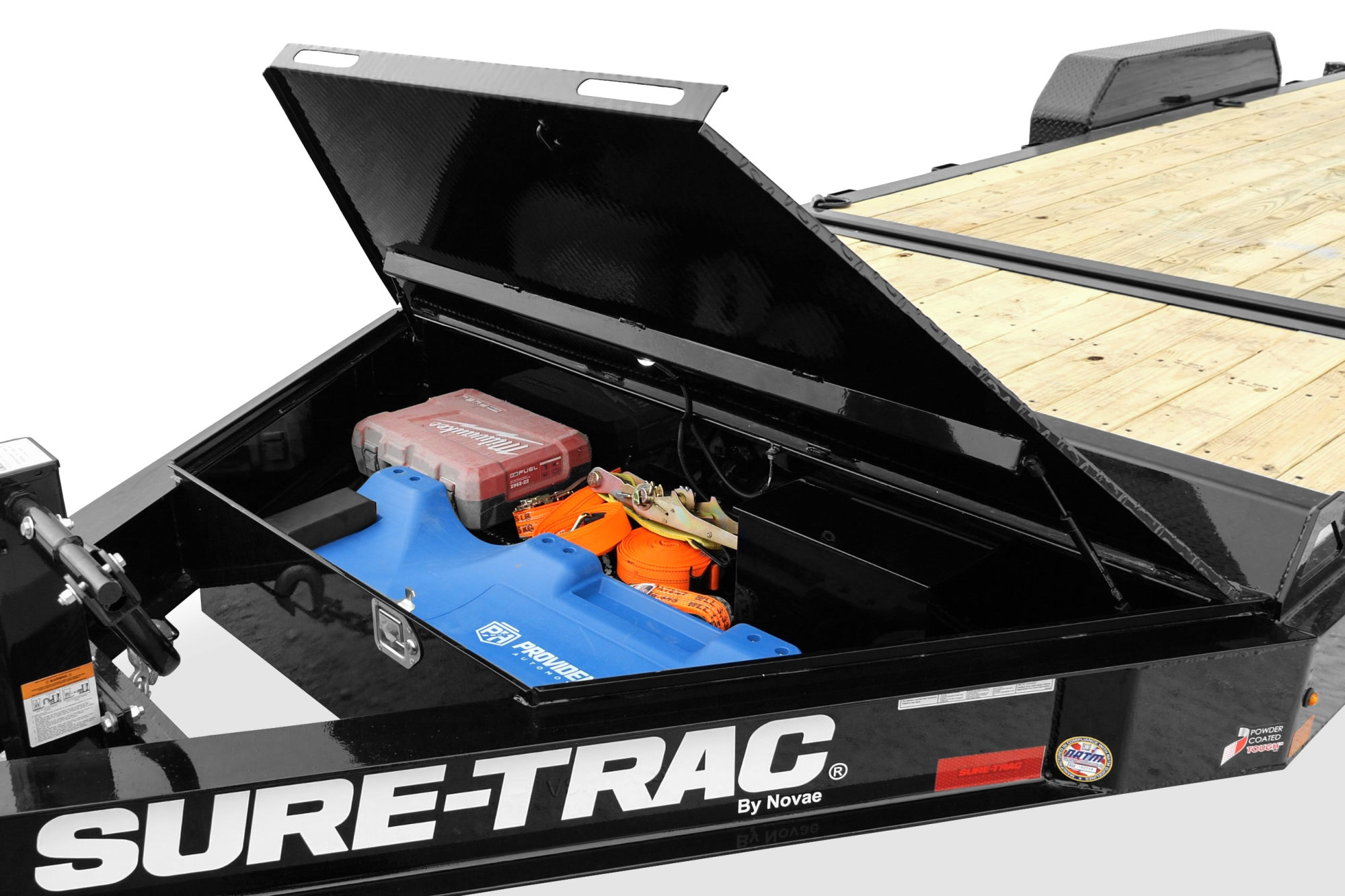 Sure-Trac | Pro Series tilt Bed Trailer | Image | Front side, tilted, Pro Series Tilt Bed Trailer with reflective tape, close-up of toolbox, open