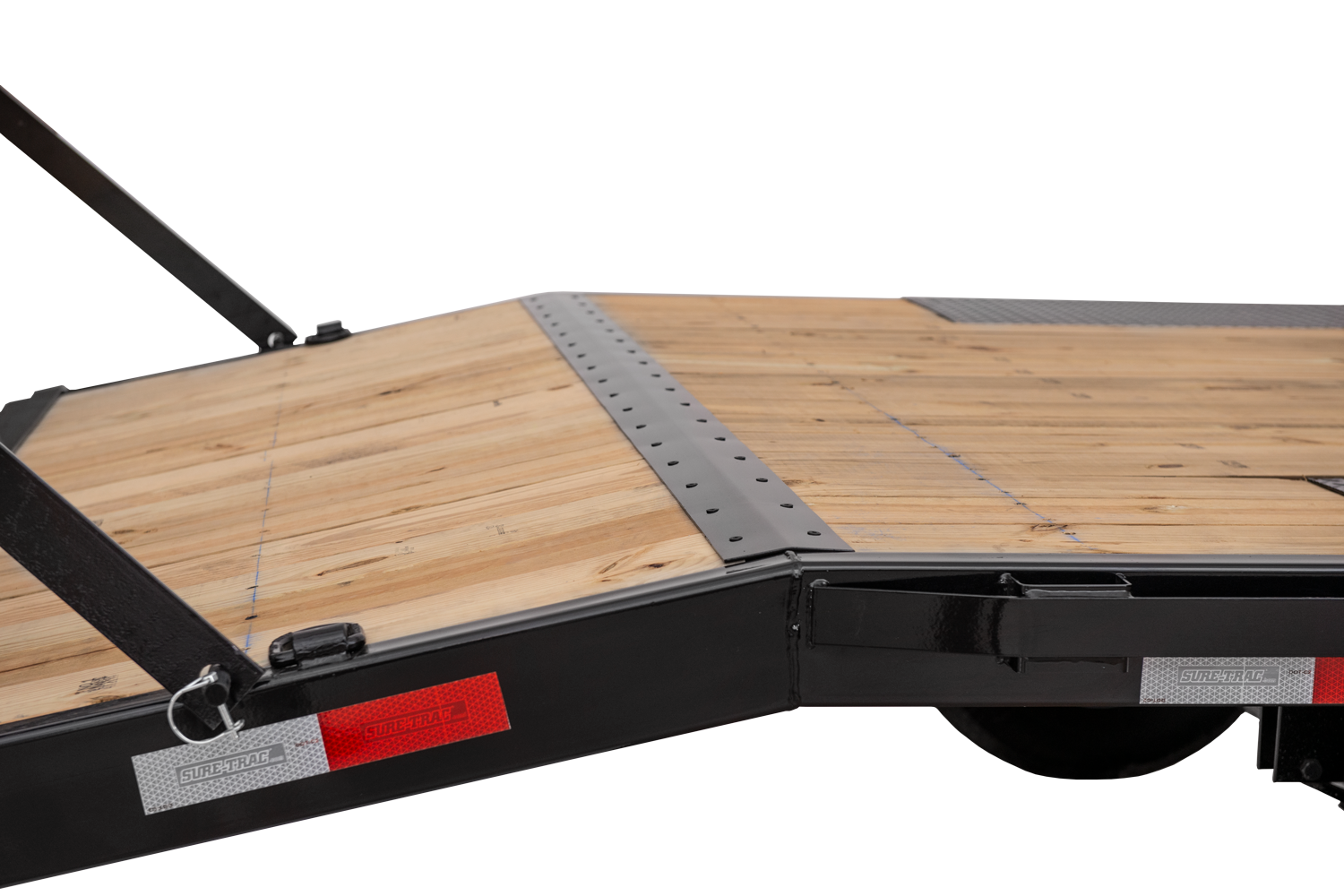 Sure-Trac | Low Profile Beavertail Deckover | Image | Back side, tilted, Low Profile Beavertail Deckover with reflective tape, beavertail down, close-up of beavertail transition