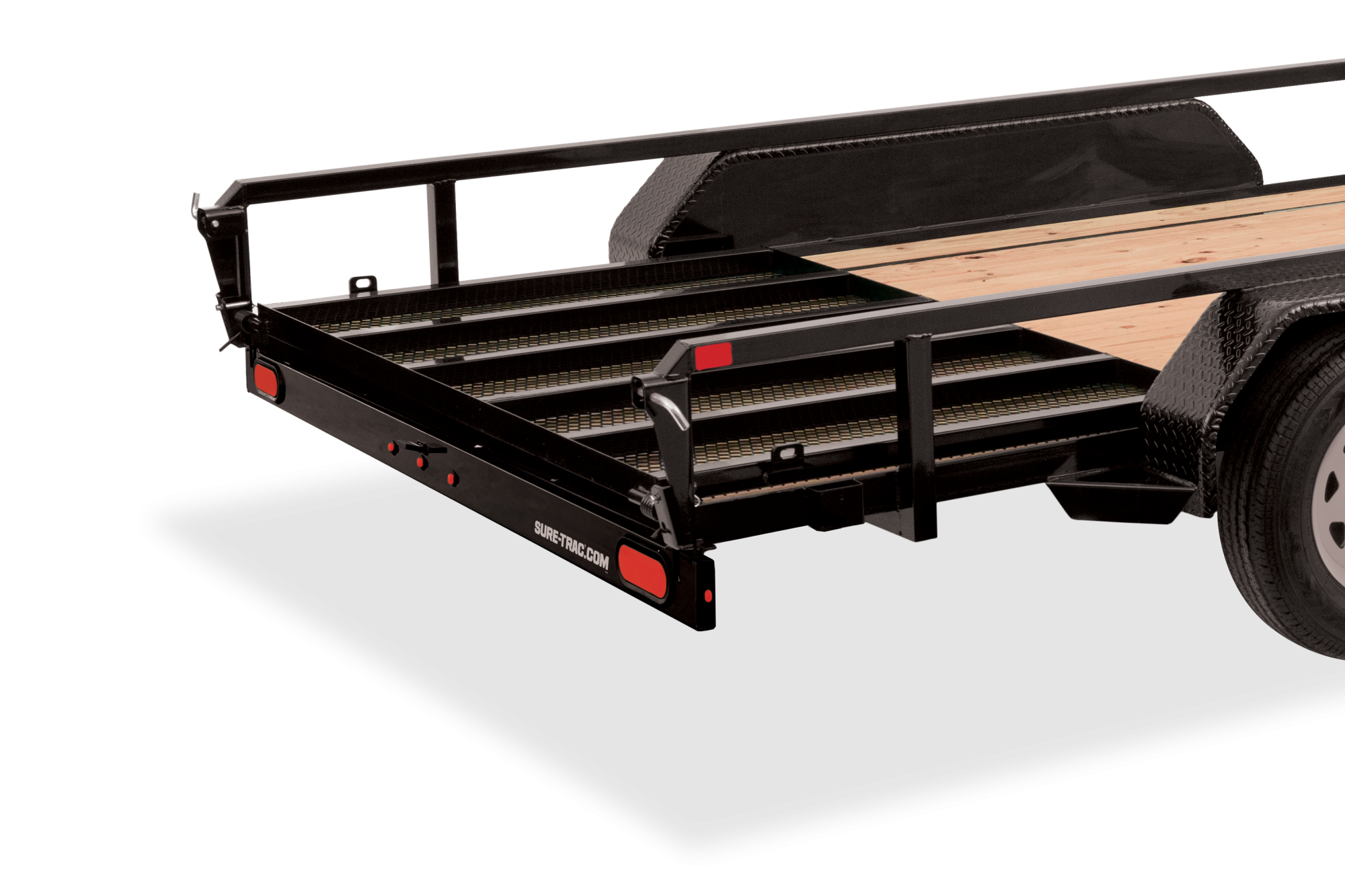 Sure-Trac | Tandem Axle Tube Top Utility | Image | Back side, tilted, Tandem Axle Tube Top Utility, gate on bed, close-up of gate, detail (2)