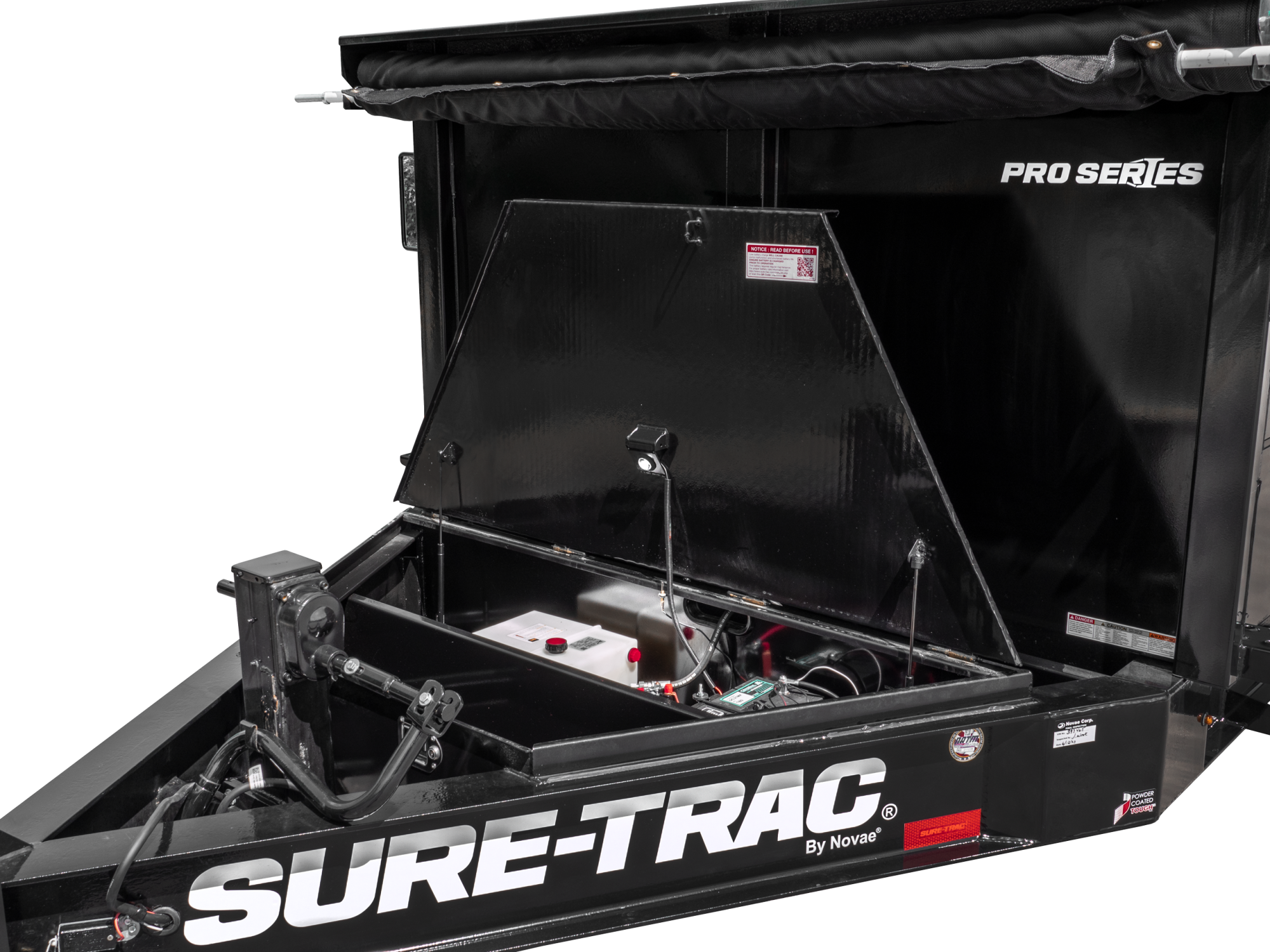 Sure-Trac | Pro Series Super Duty Dump | Image | Front view, tilted, black Pro Series Super Duty Dump, down, close-up of toolbox