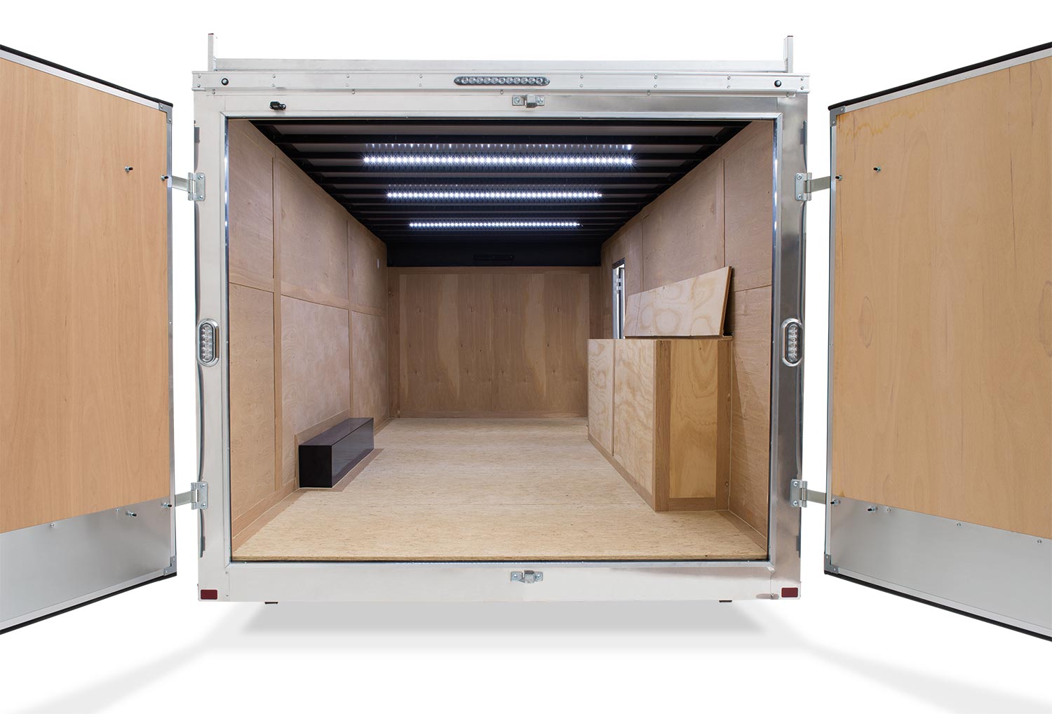 straight on view of the inside of the contractor pro bullnose enclosed cargo trailer