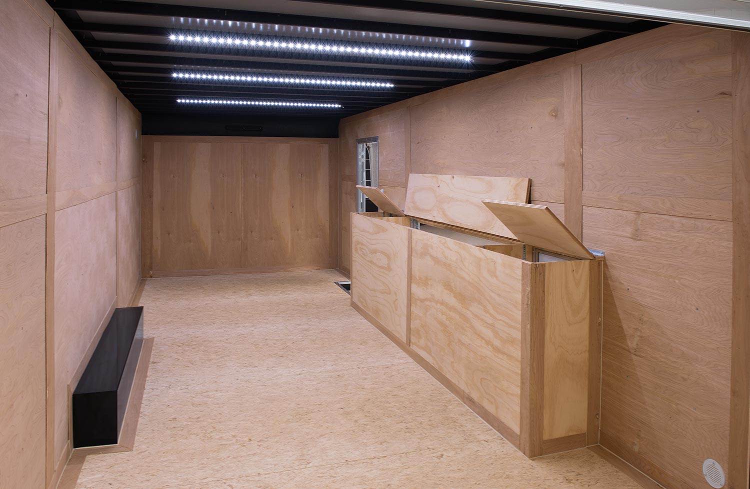 angled inside view of the contractor pro bullnose enclosed cargo trailer