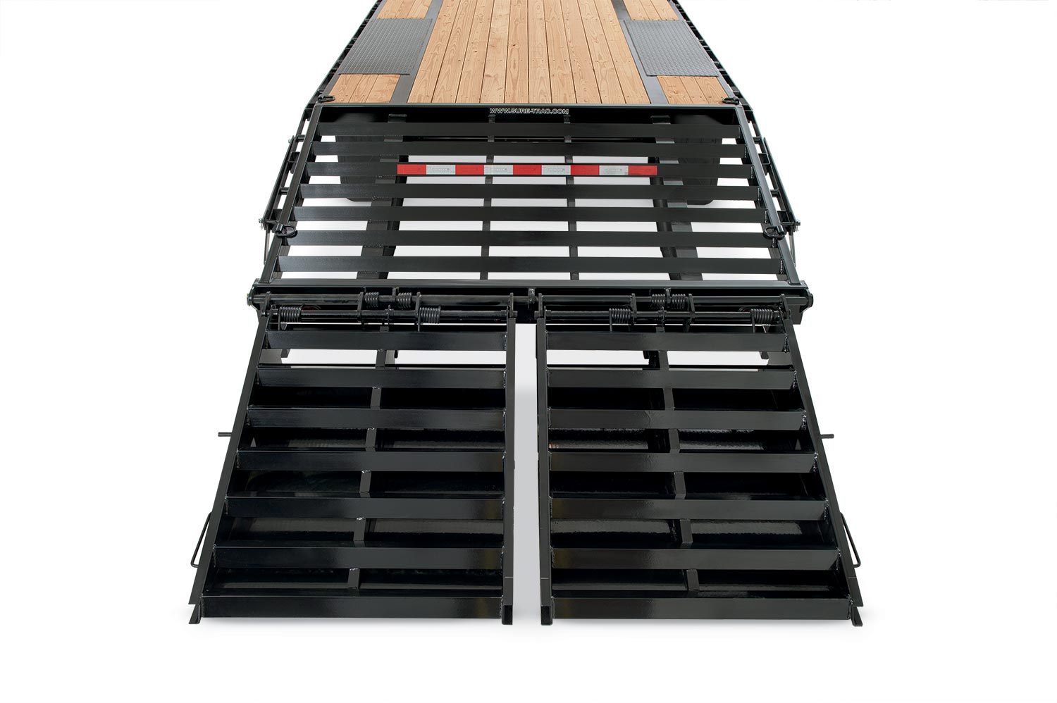 zoomed in rear view of the Heavy Duty Low Profile Beavertail Deckover Trailer with the ramp down