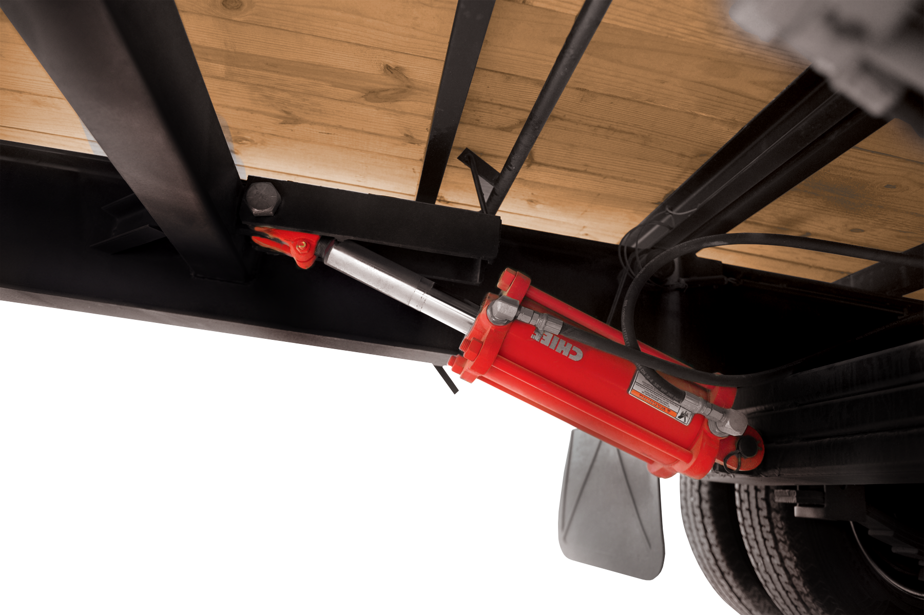 Heavy Duty Low Profile Hydraulic Beavertail Deckover | Deckover, close-up of red Hydraulic Ram