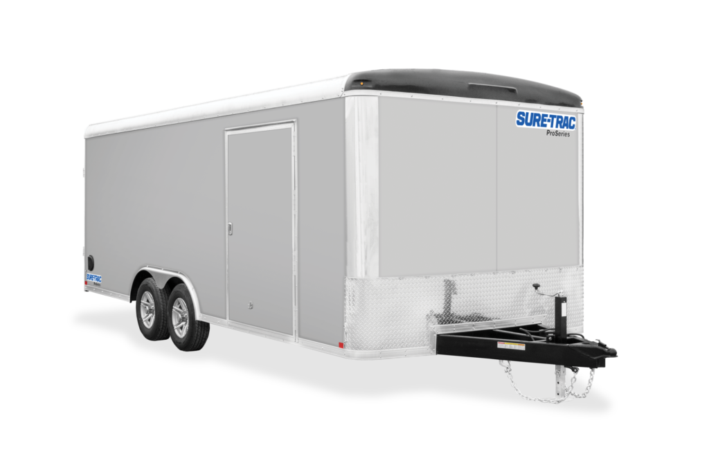 Pro Series Round Top Enclosed Car Hauler | Front view, tilted, light gray, Hauler