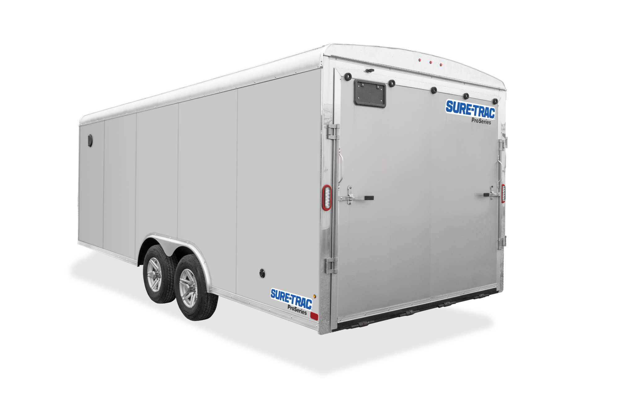 Pro Series Round Top Enclosed Car Hauler | Back view, tilted, gray, Hauler