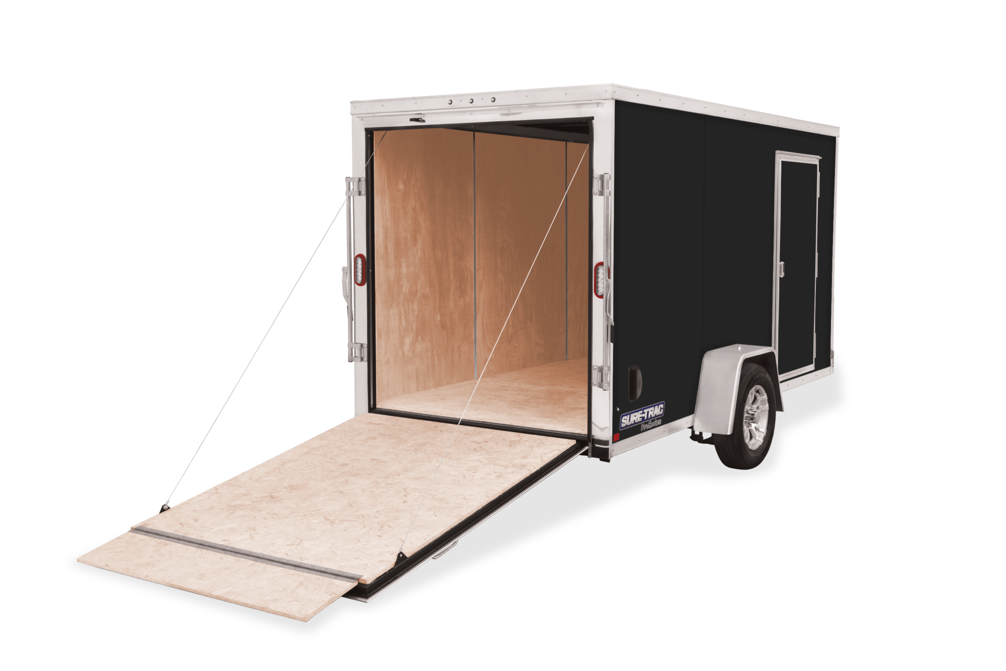 5' & 6' Wide Pro Series Wedge Front Enclosed Trailer | Rear view, tilted, Black Single Axle rear down