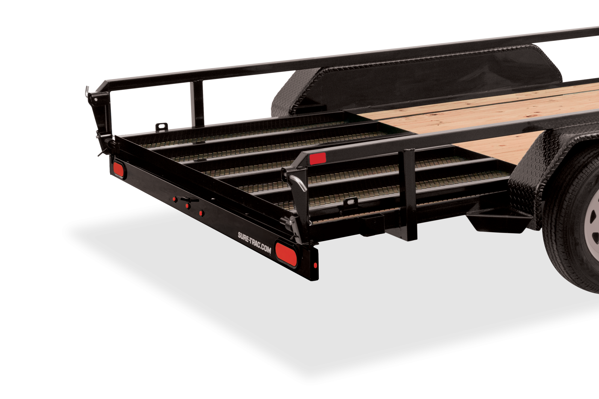 Tandem Axle Tube Top Utility | Back side, tilted, Utility, gate on bed, close-up of gate, detail (2)