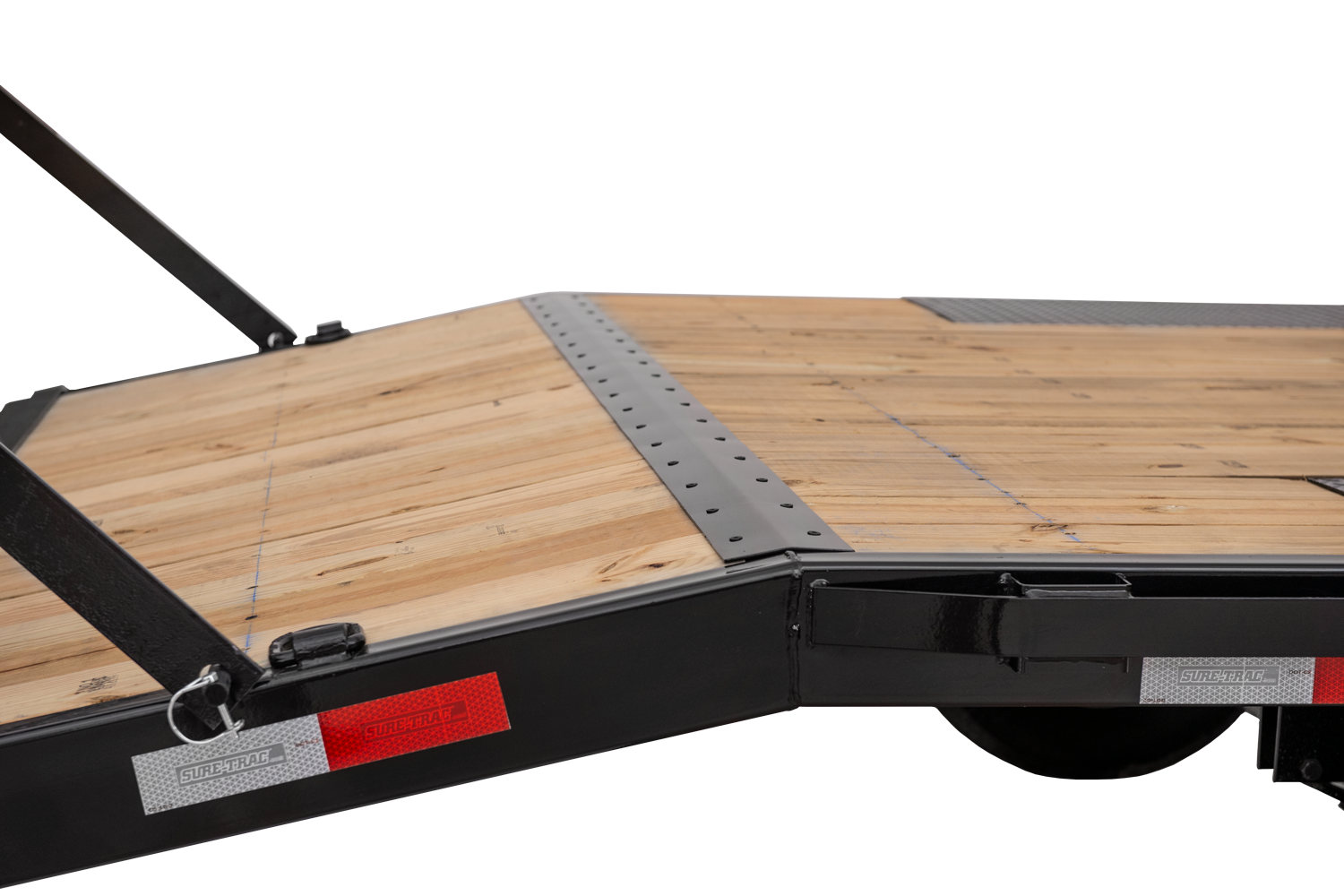 Low Profile Beavertail Deckover | Back side, tilted, with reflective tape, beavertail down, close-up of beavertail transition