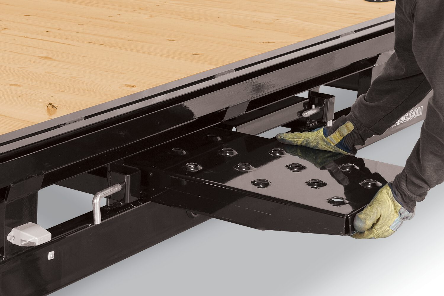 Close-Up view of the Slide-In Ramps on the Sure-Trac Low Profile Flatbed Deckover Trailer