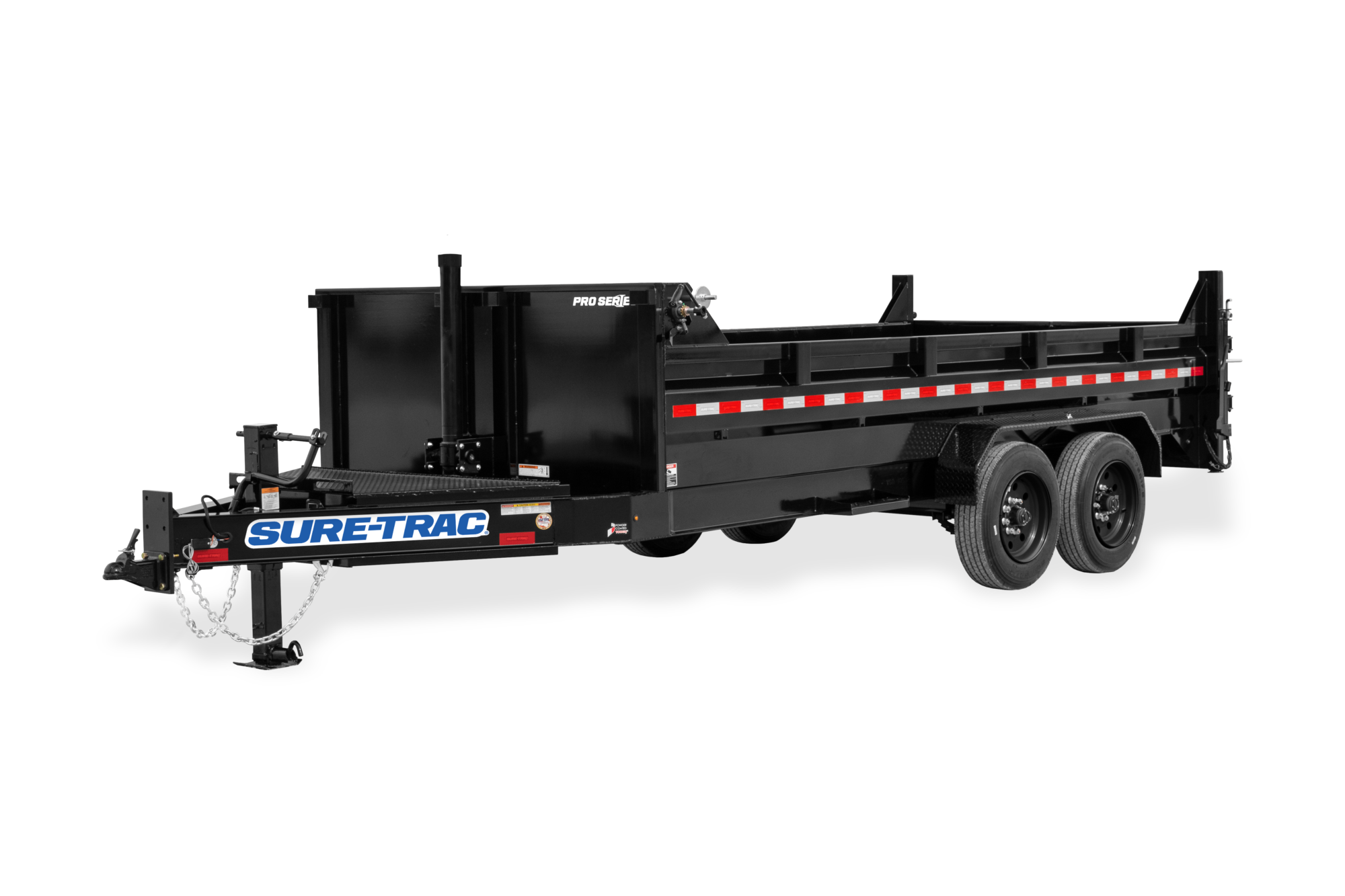 Pro Series Telescopic Dump | Front view, tilted, with reflective tape, down position