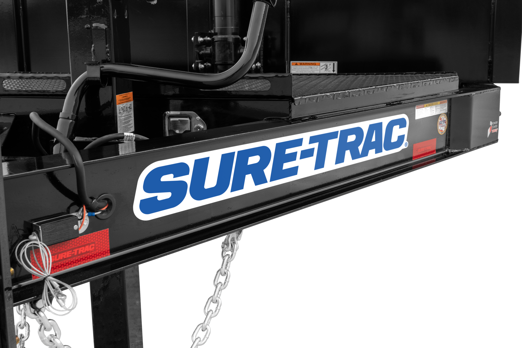 Pro Series Telescopic Dump | with reflective tape, close-up of I Beam and Tongue