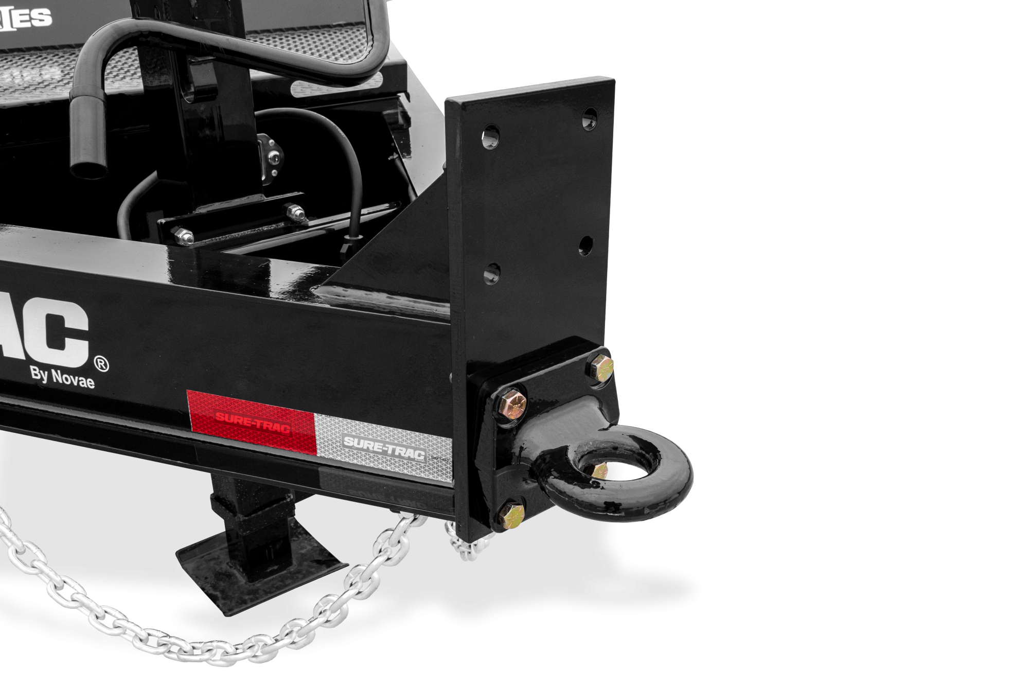 Pro Series Implement | Side, tilted, Implement Trailer with reflective tape, close-up of Coupler