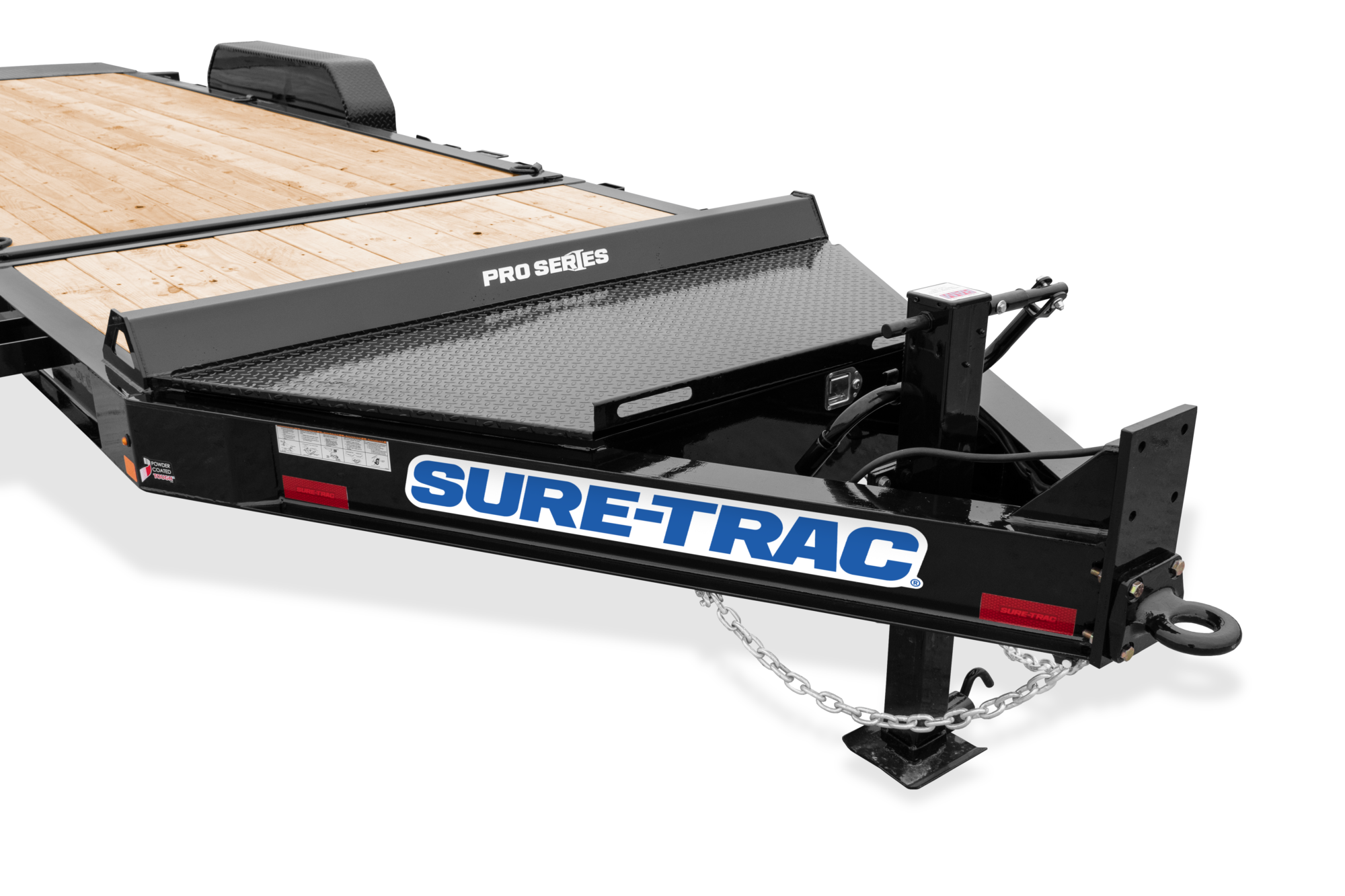 Pro Series Tilt Bed Trailer | Front side, tilted, Trailer with reflective tape, close-up of tongue