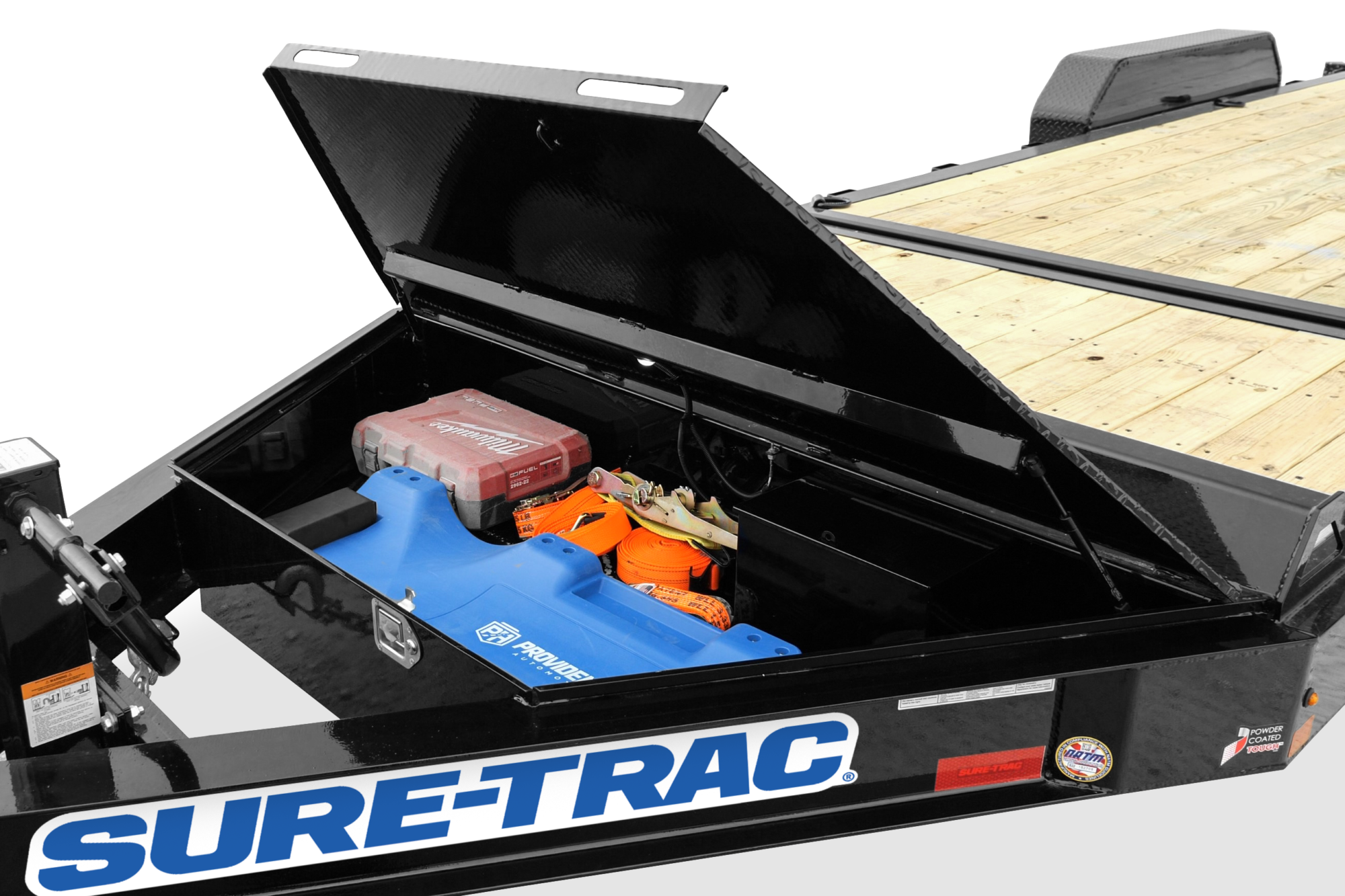Pro Series Trailer | Front side, tilted, Tilt Bed Trailer with reflective tape, close-up of toolbox, open