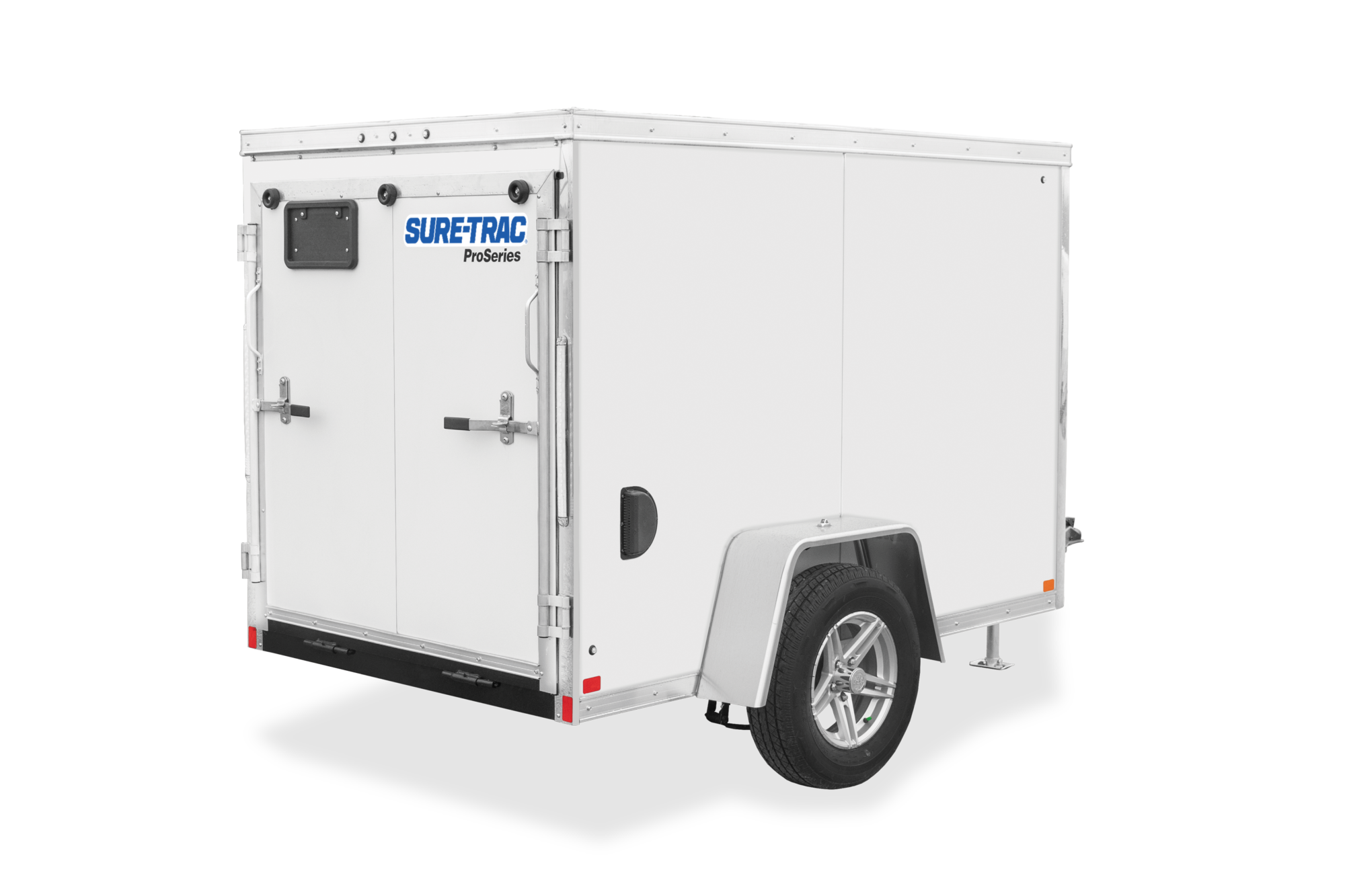5' & 6' Wide Pro Series Wedge Front Enclosed Trailer | Rear view, tilted, white Single Axle