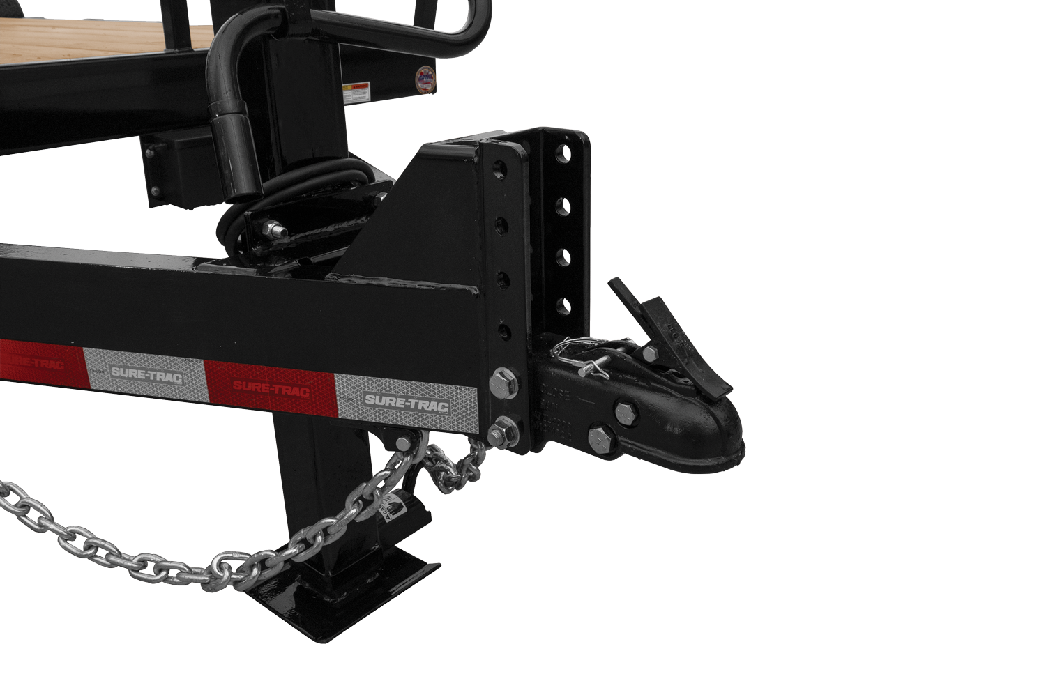 Close-Up view of the adjustable coupler on the tongue Sure-Trac Universal Ramp Equipment Trailer
