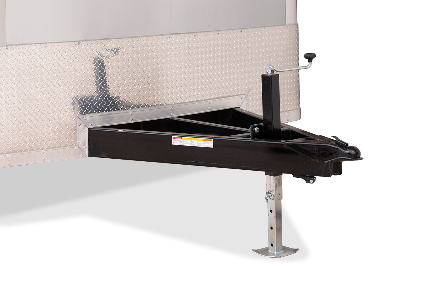 zoomed in view of the setback jack on the pro series round top enclosed car hauler trailer