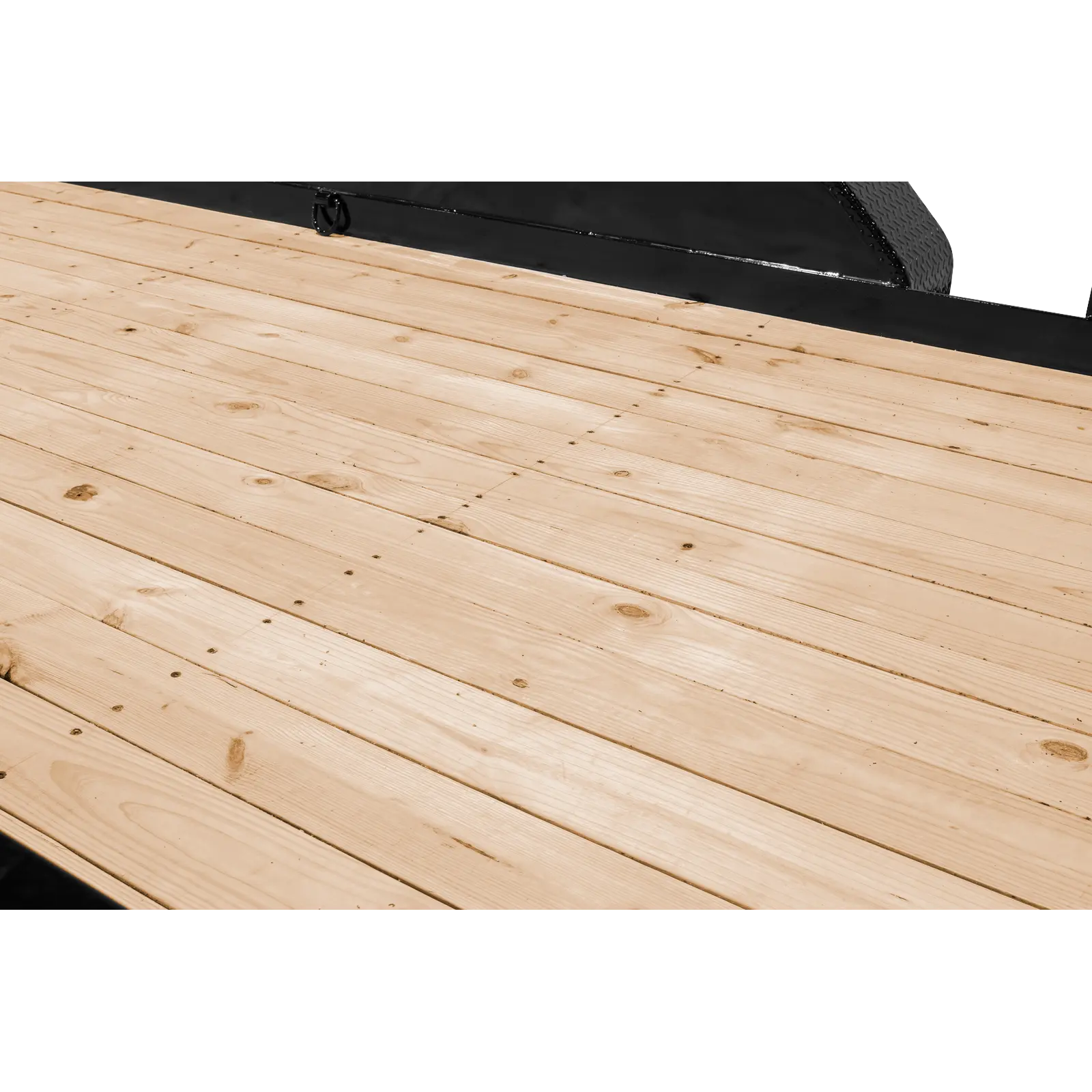 Wooden deck or platform with light pine boards, featuring a black metal edge along the top-right side.