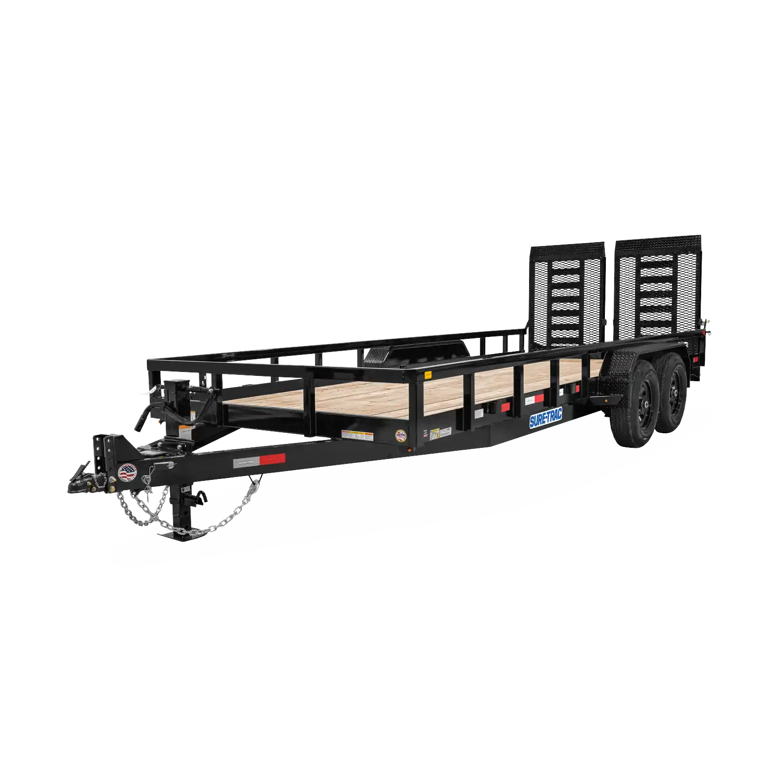 Black heavy-duty flatbed trailer with wooden deck, dual rear ramps, and front hitch with safety chains visible.