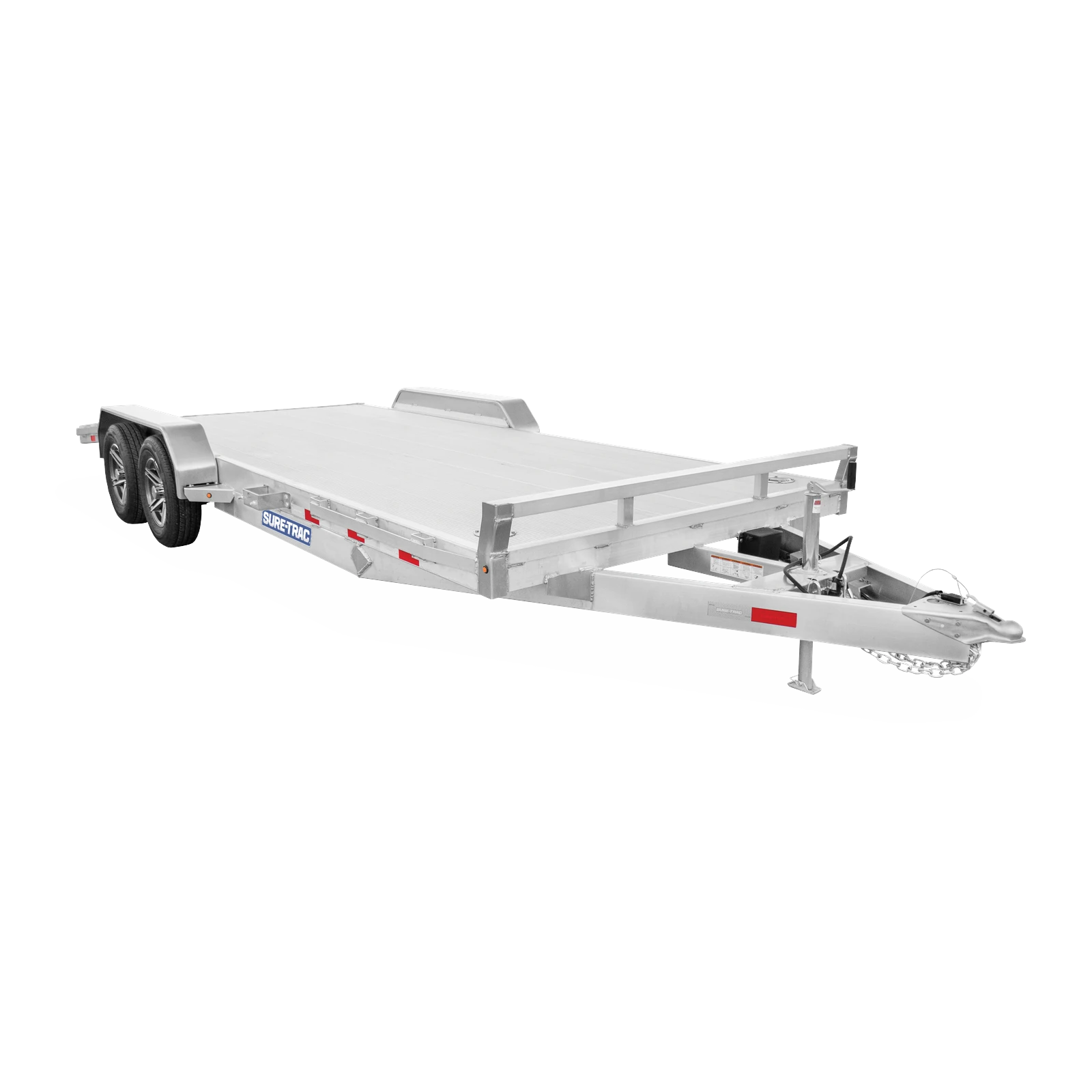 Dual-axle aluminum car trailer with a flatbed, front hitch, and side rails labeled 'SURE-TRAC'.