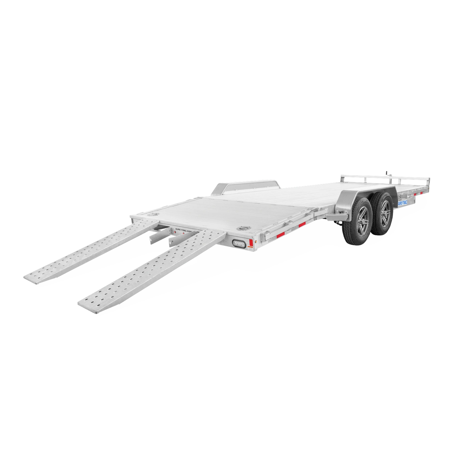 Silver aluminum car trailer with dual axles and long perforated loading ramps