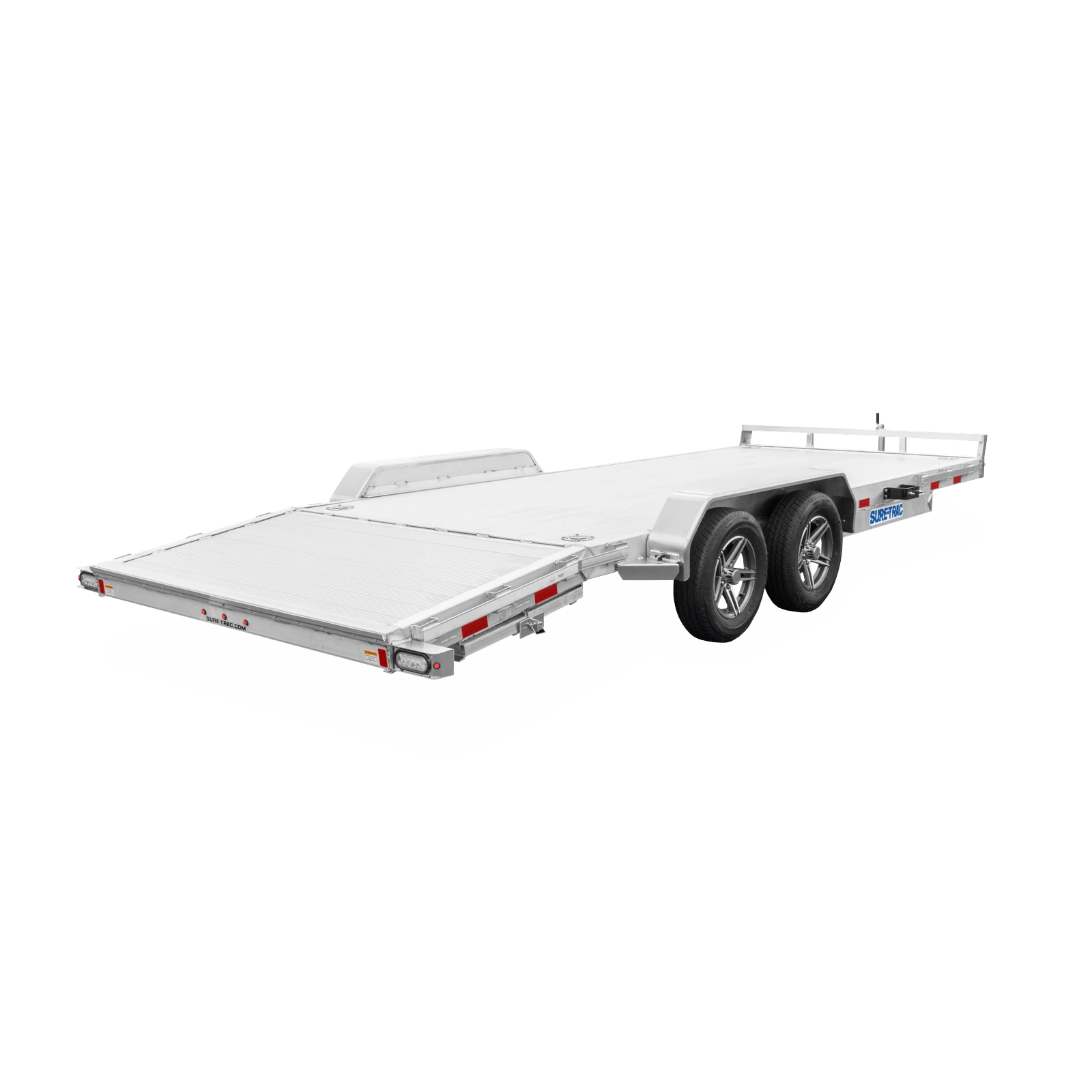 White aluminum car hauler trailer with dual axles and rear loading ramp viewed from the front-left side.