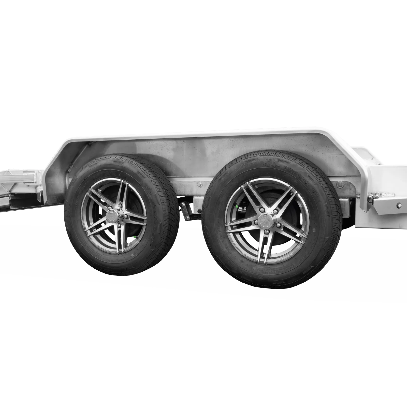 Double-axle trailer frame with two large wheels on a metal chassis against a white background.