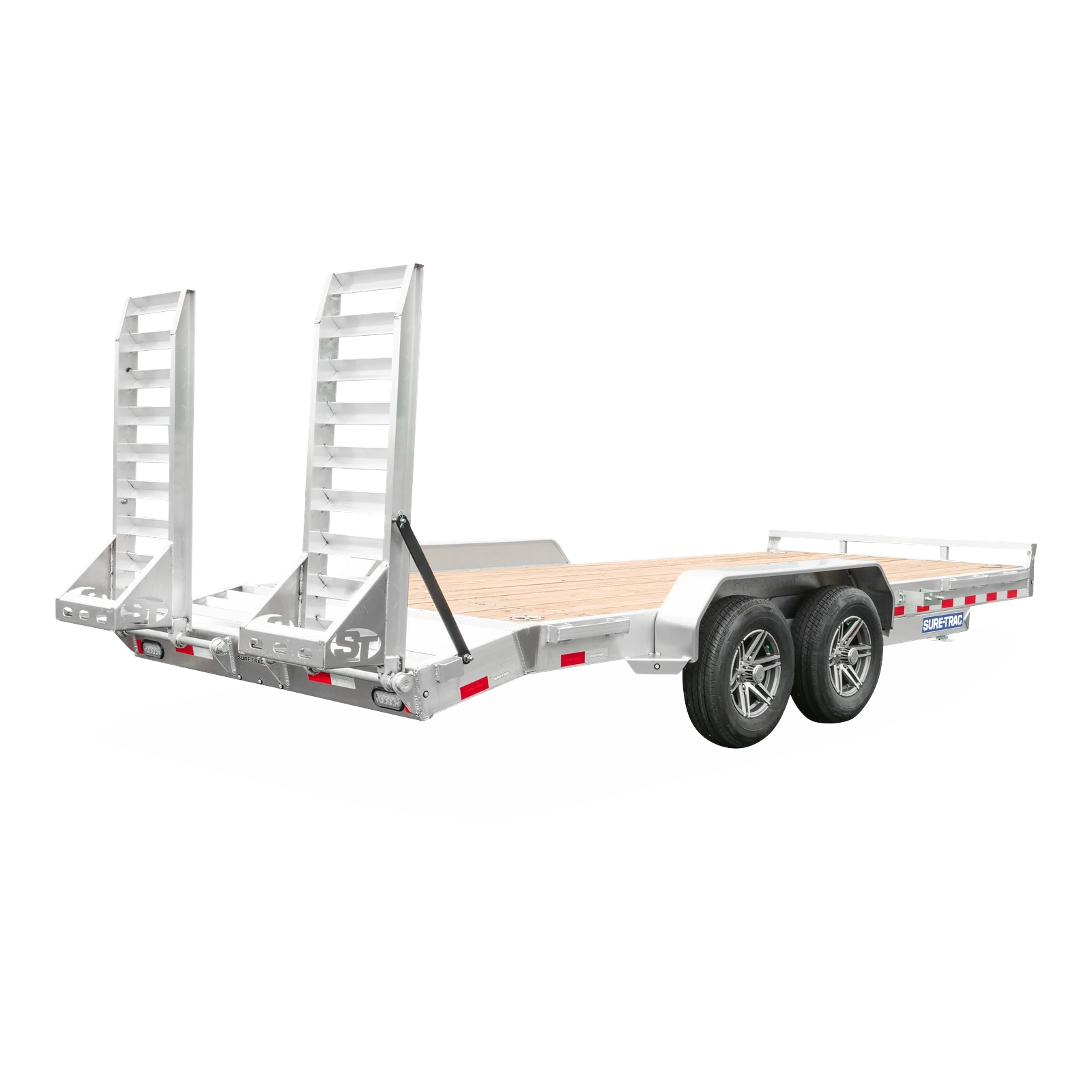 Flatbed car trailer with two tall ramp supports, wooden deck, and dual-axle wheels for loading vehicles.