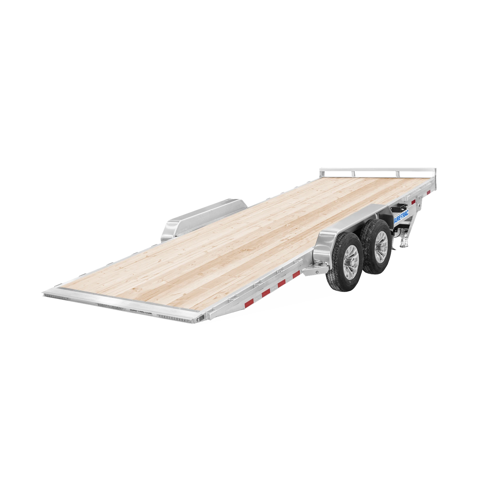 Dual-axle trailer with a wooden deck and loading ramp, shown on a white background for hauling equipment and vehicles.