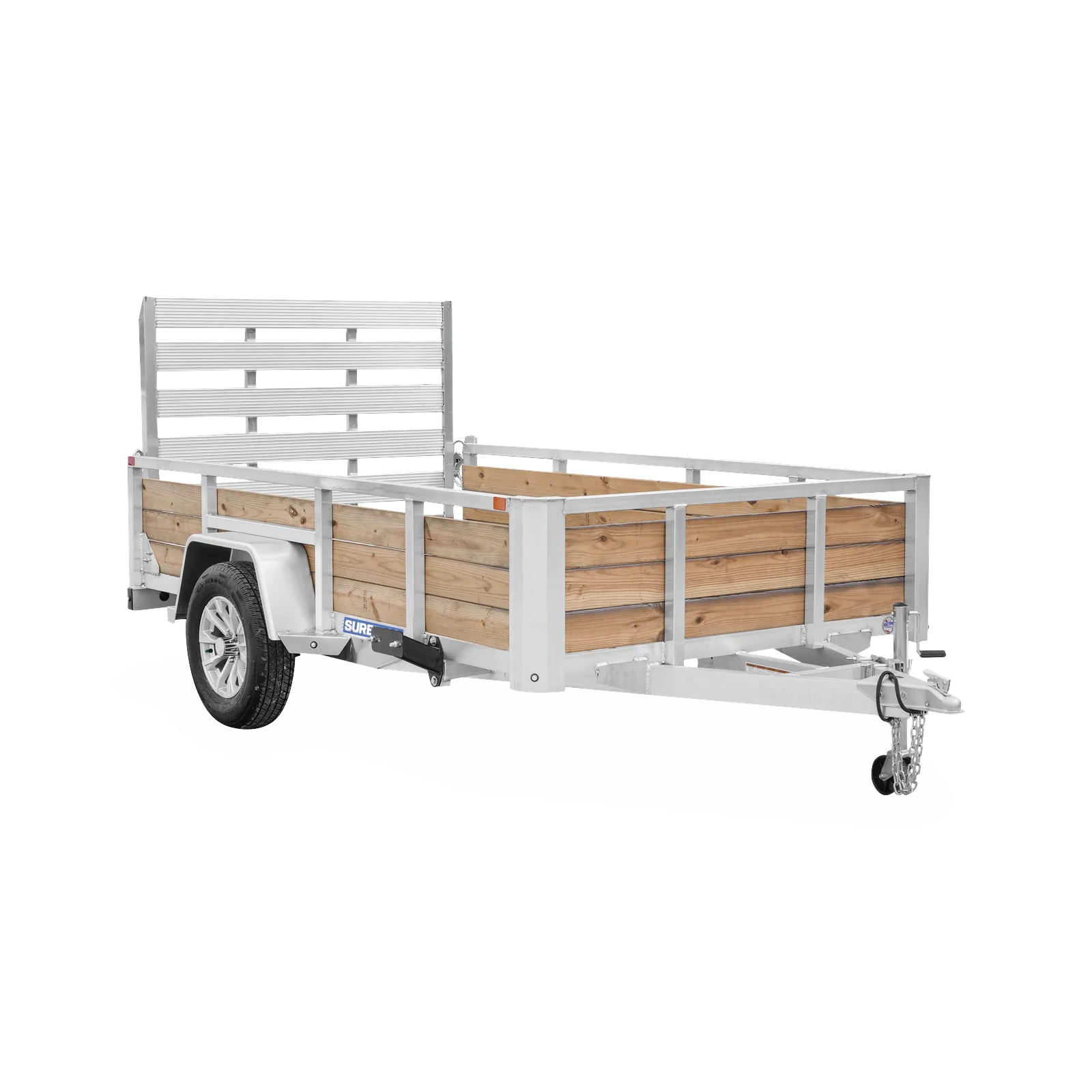 Silver utility trailer with wooden side panels and metal frame, single axle, on a white background