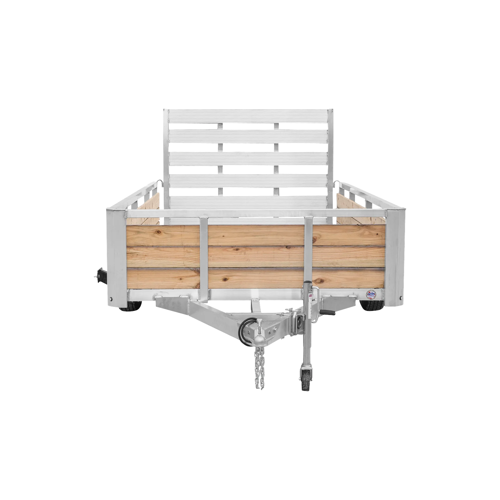 Silver utility trailer with wooden side planks and a raised metal ramp gate; hitch and wheel visible for towing.