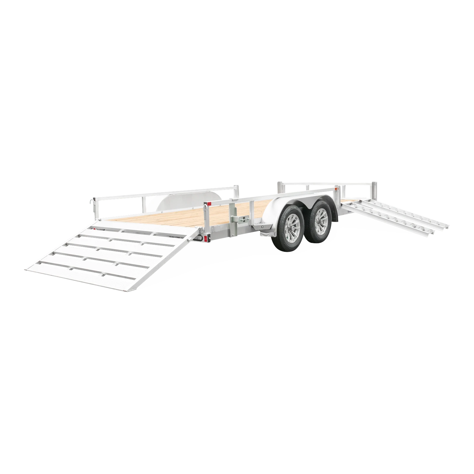 Dual-axle aluminum utility trailer with a wooden deck and two lowered loading ramps on opposite ends